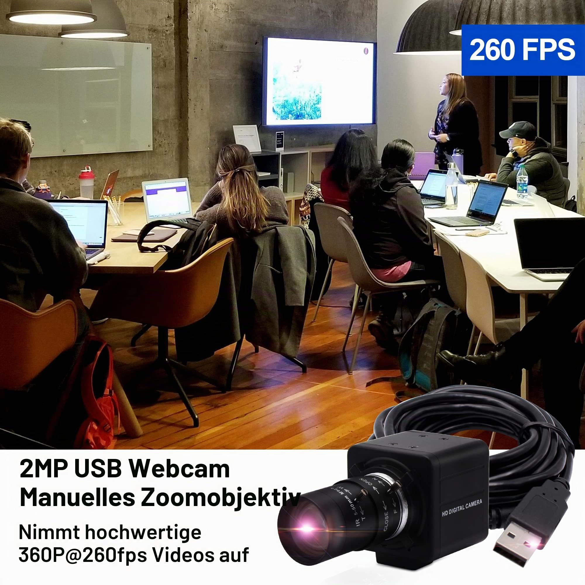 Svpro USB-Kamera 1080P 60pfs Hochgeschwindigkeitskamera 720P 120fps/360P 260pfs PC-Kamera mit 5-50mm manuellem Objektiv, 10X optischer Zoom Nahaufnahmekamera UVC Computer-Konferenz Golfschwungkamera
