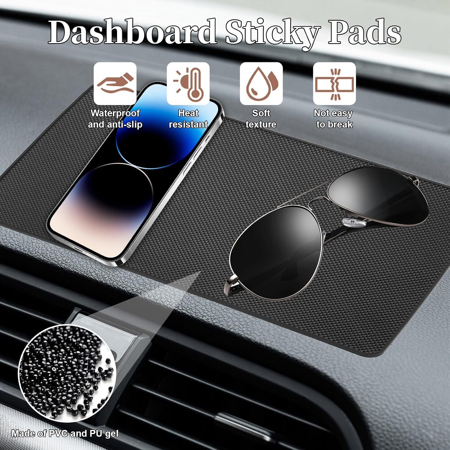 Dash Mat for Car, Anti Slip Dashboards Mat, 10.8" x 6.4" Dashboard Sticky Pads, Car Dash Non Slip Mat, Dashboard Accessories for Cell Phone, Sunglasses, Keys Electronic Devices