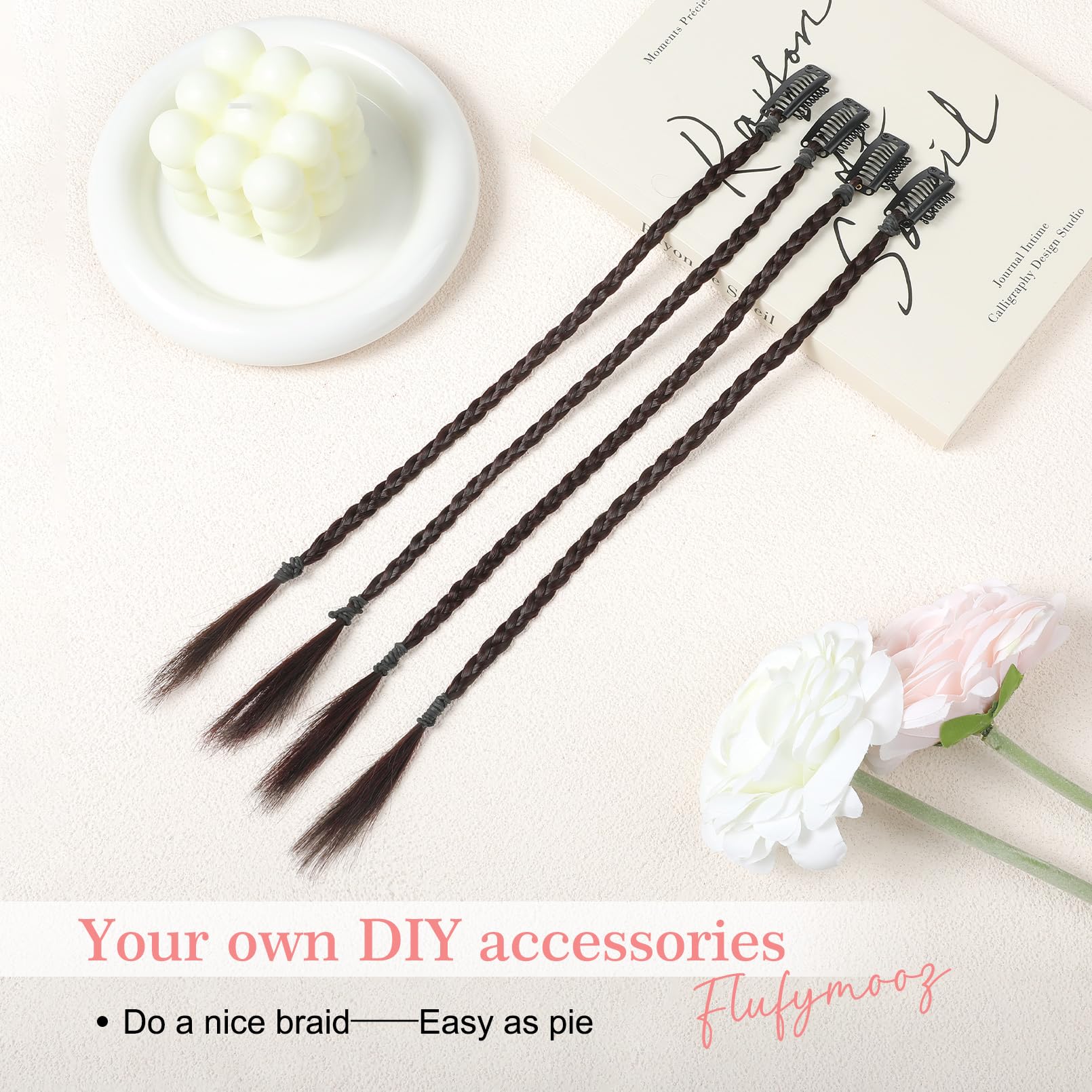 Flufymooz 4PC Braid in Hair Extension 14 Inch Clip in Braid Extensions for Women Synthetic Hairpieces for Daily Use Party Styling (Dark Reddish Brown) - Image 3