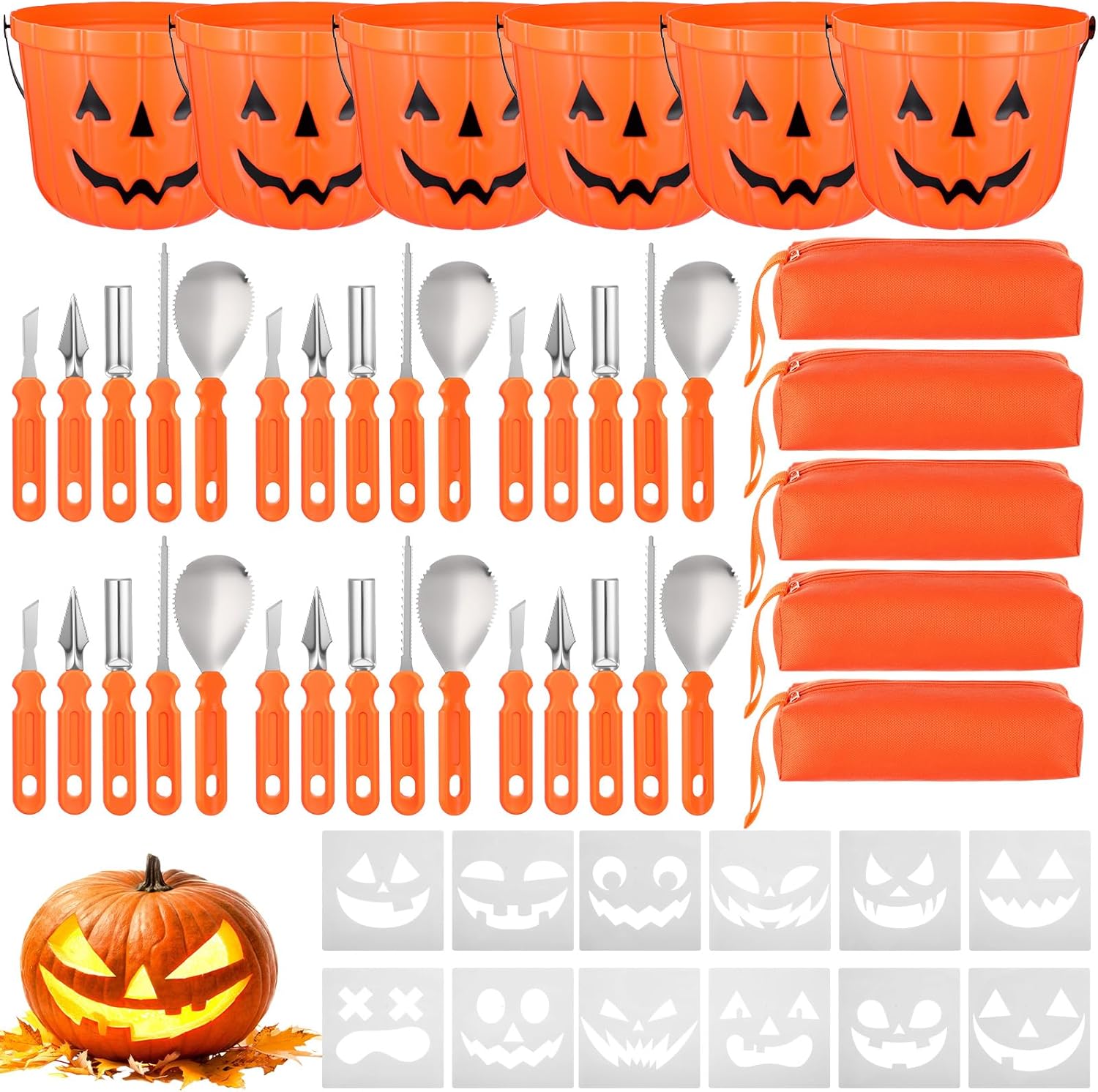 Ripeng 54 Pcs 6 Set Halloween Pumpkin Carving Kit Professional Heavy Duty Carving Tools Set Included Stainless Steel Pumpkin Tools with Storage Bag Bucket Stencils for Party Halloween Decor
