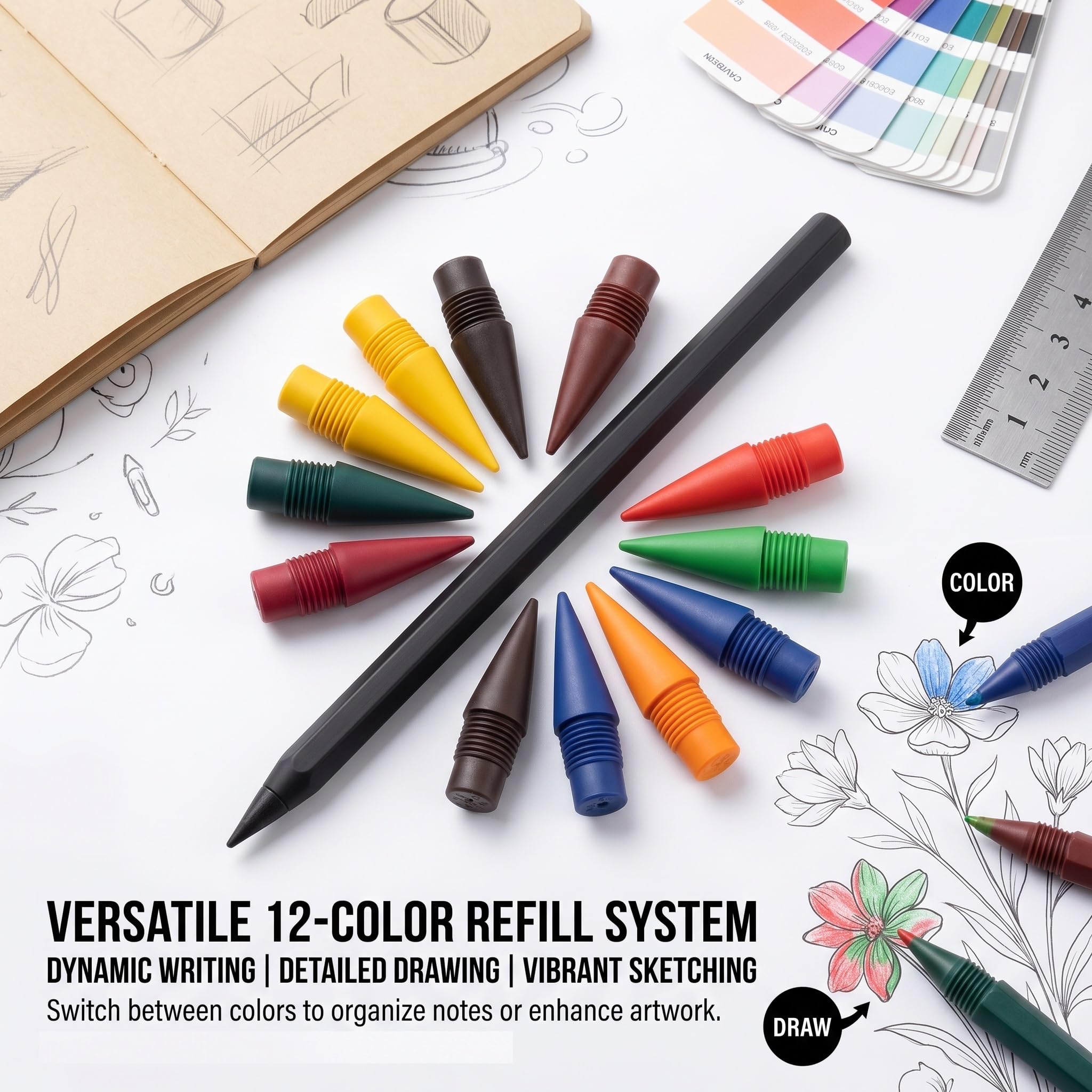 Matita Infinità Metallo 2 Pezzi, Matita Eterna Senza Inchiostro con 12 Mine di Ricambio Colorate, Perpetua Riutilizzabile per Scrittura e Disegno, Gadget Tecnologici (Nero)