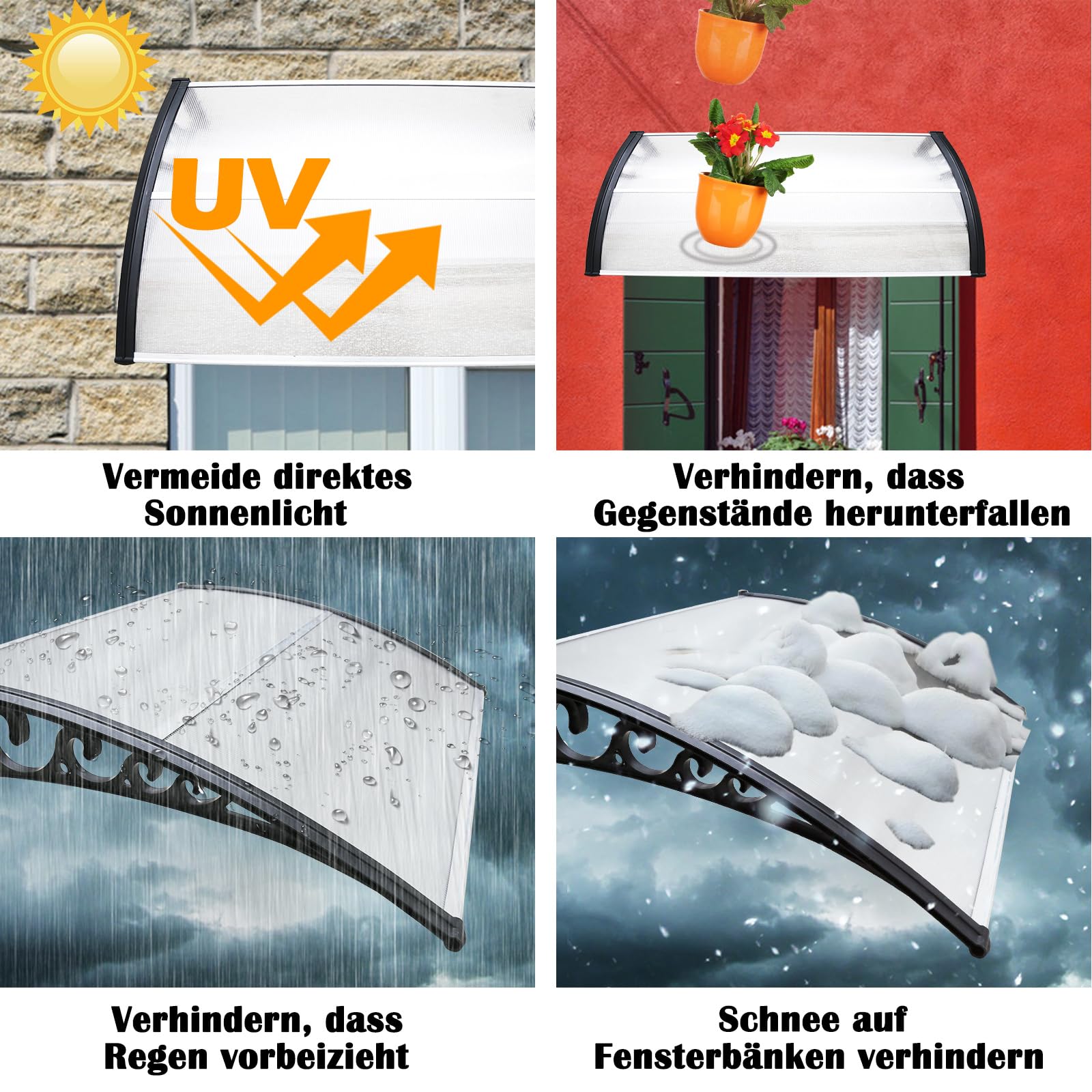 𝗝𝗮𝘆𝘀𝗲𝘂𝘄 Vordach Haustür 150 x 100 cm, transparentes PC Haustür Vordach mit Aluminiumrahmen, Überdachung Balkon mit UV-Schutz, Regenschutz für Eingang, Balkon, Fenster, Terrasse