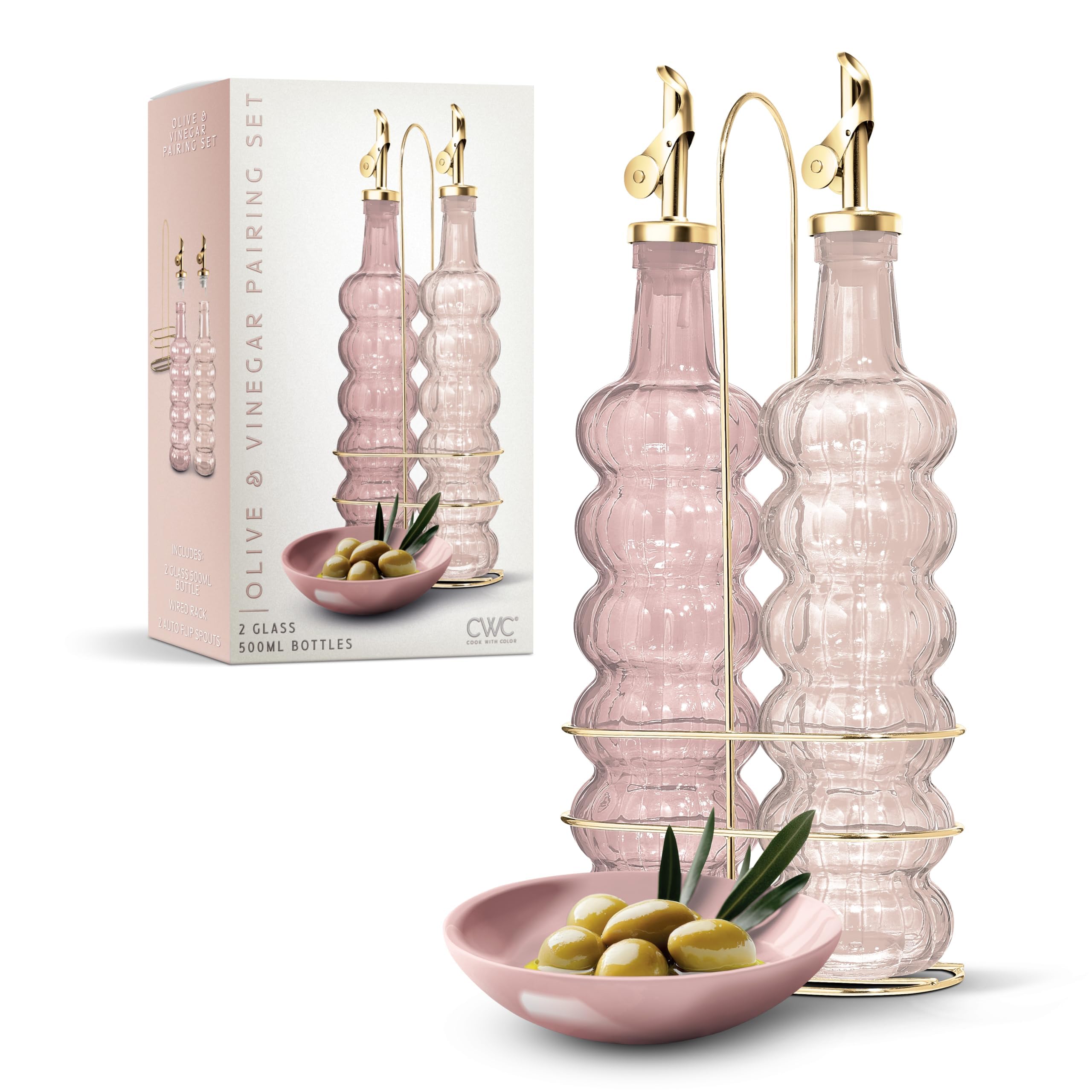 COOK WITH COLOR Glass Olive Oil Bottle Dispenser - 2 Pack- 17oz Oil and Vinegar Cruet - Olive Oil Carafe Decanter for Kitchen