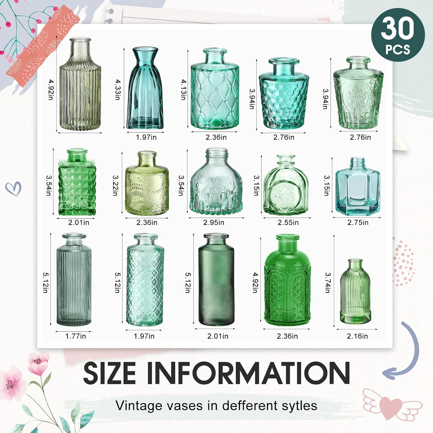 Yaomiao 30 Pcs Vases Bulk Colored Flower Glass Bud Vases Valentine Vintage Colored Glass Bottles Colorful Rustic Embossed for Home Wedding Table Decorations Gifts(Green Series) - Image 2