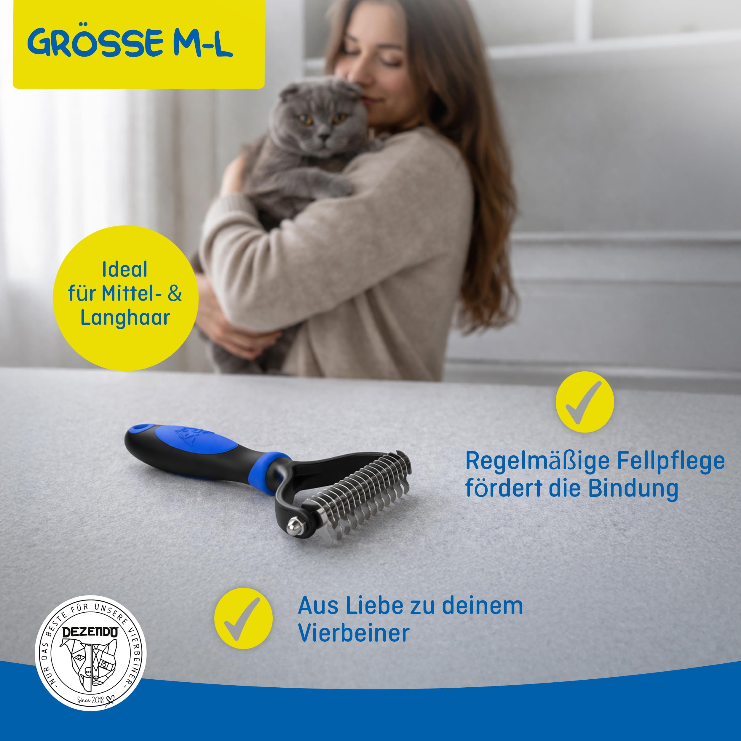 Unterfellbürste für Hunde & Katzen mit MITTEL- & LANGHAAR (Gr. M-L) - Hundebürste & Katzenbürste gegen Verknotungen & für Fellpflege (ohne ziepen) - Fellbürste für Unterwolle & Unterfell