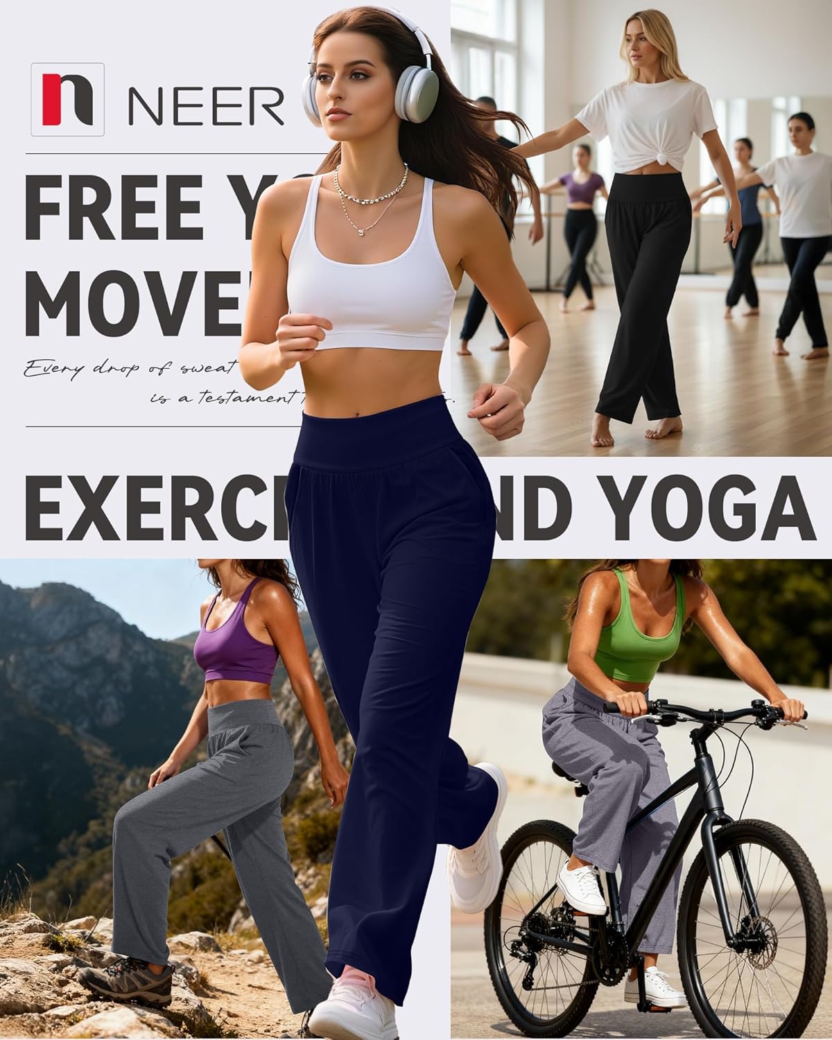 Neer 4 Pack Women's Wide Leg Yoga Pants High Waist Casual Sweatpants Loose Cozy Lounge Pajama Flowy Pants with Pockets(Black, Dark Gray, Light Gray, Navy Blue,XX-Large) - Image 4