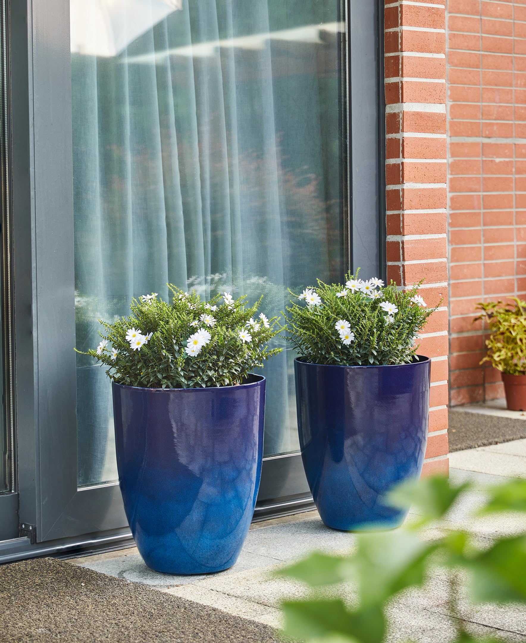 16.75" H Garden Tall Planter Pots,Set of 2 Morden Round Faux Ceramic Tall Planter with Drainage Holes,Large Flower Pots for Outdoor Indoor,Cobalt Blue