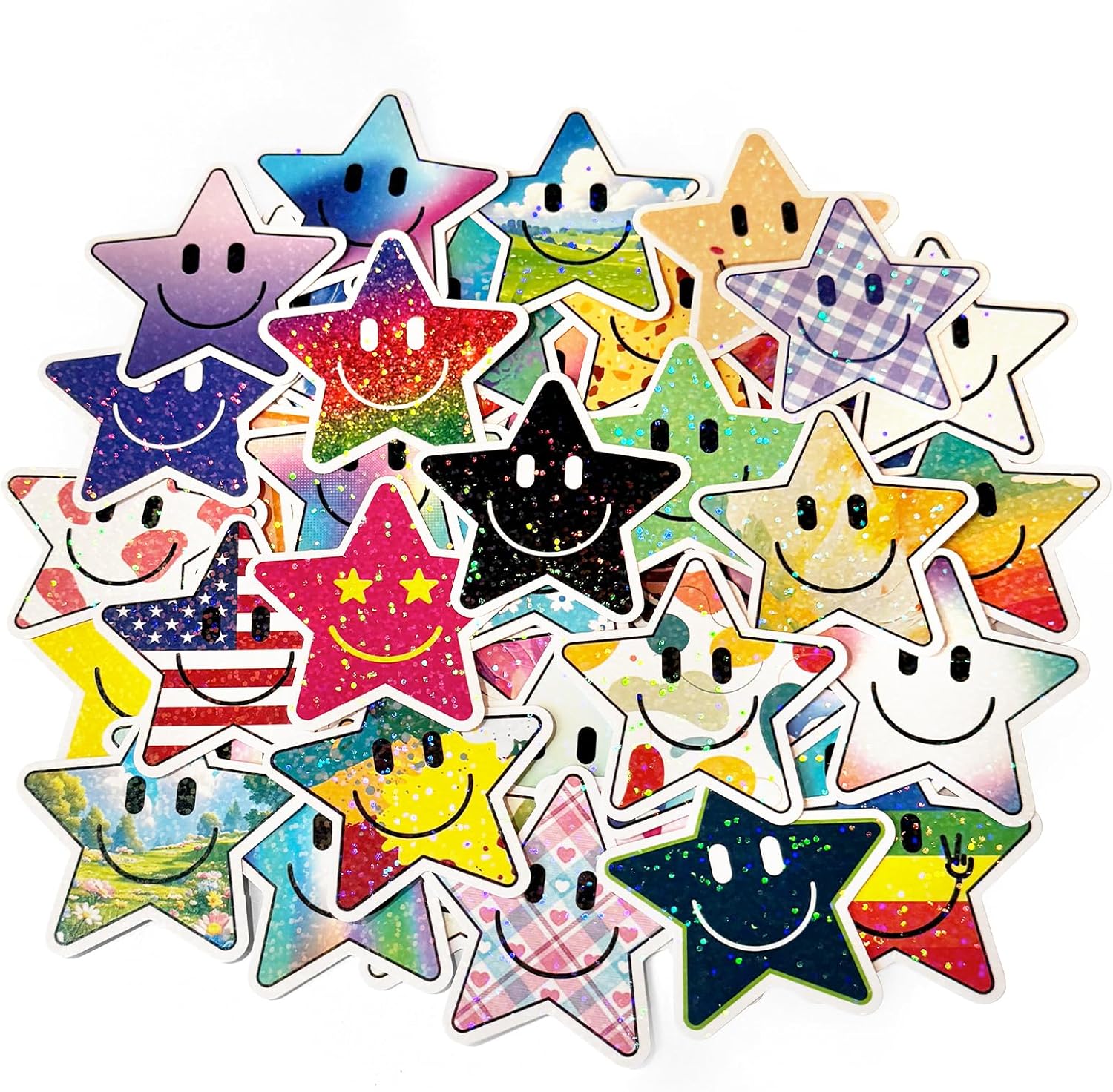 50PCS Smiling Glitter Star Stickers, Cute Water Bottle Stickers for Kids, for Teaching Rewards, Notebooks, Stationery, Luggage, Cartoon PVC Happy Glitter Stickers