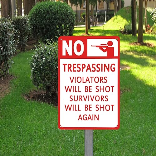 Miniatura 7 de TISOSO Letreros de advertencia de seguridad con texto en inglés No Trespassing Violators Will Be Shot Again (No Trespassing Violators Will Be Shot