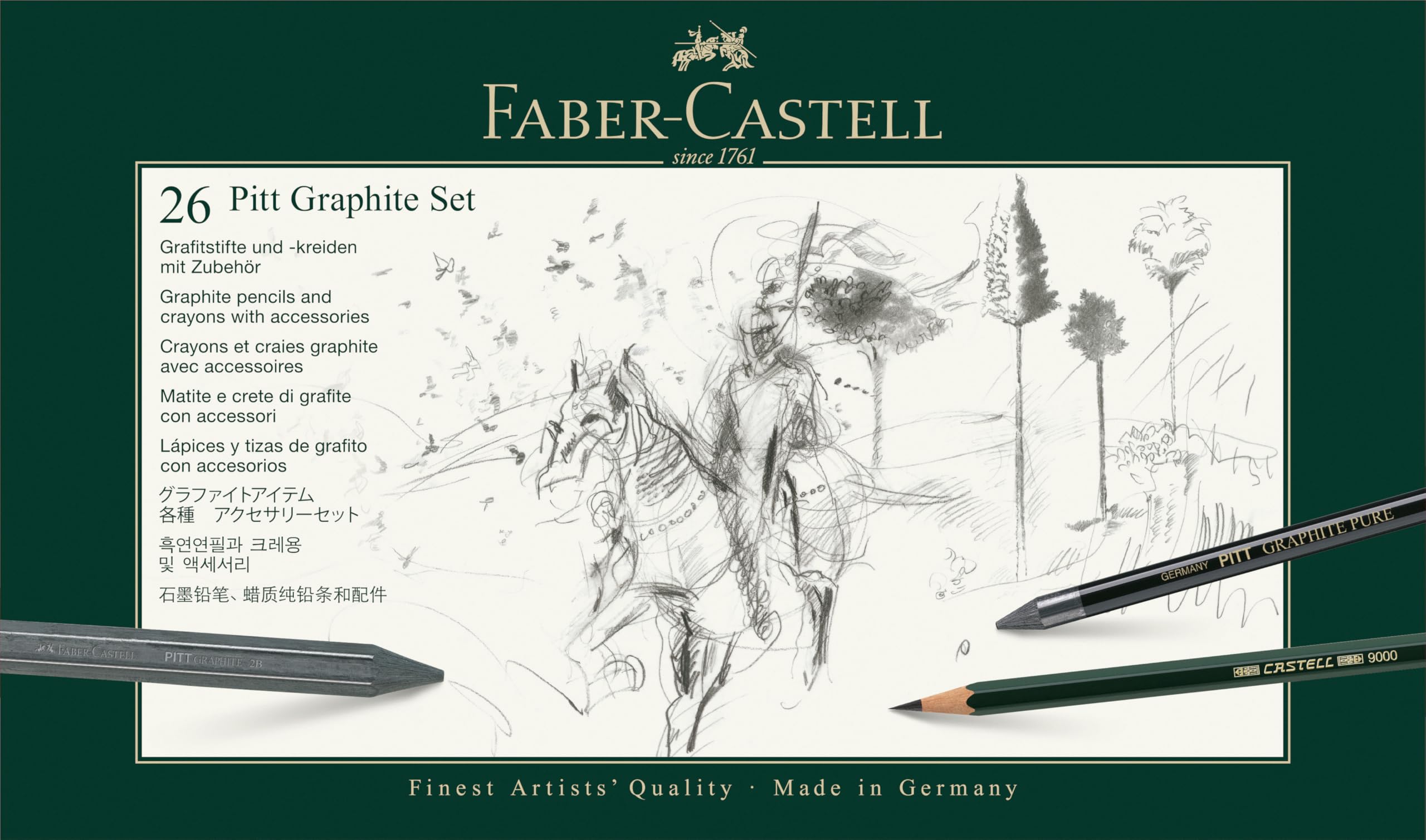 Faber-Castell Estuche de Metal con 3 Lápices de Colores Acuarelables, 9 Grafitos 9000 y 3 Grafitos Pitt Puro Multicolor