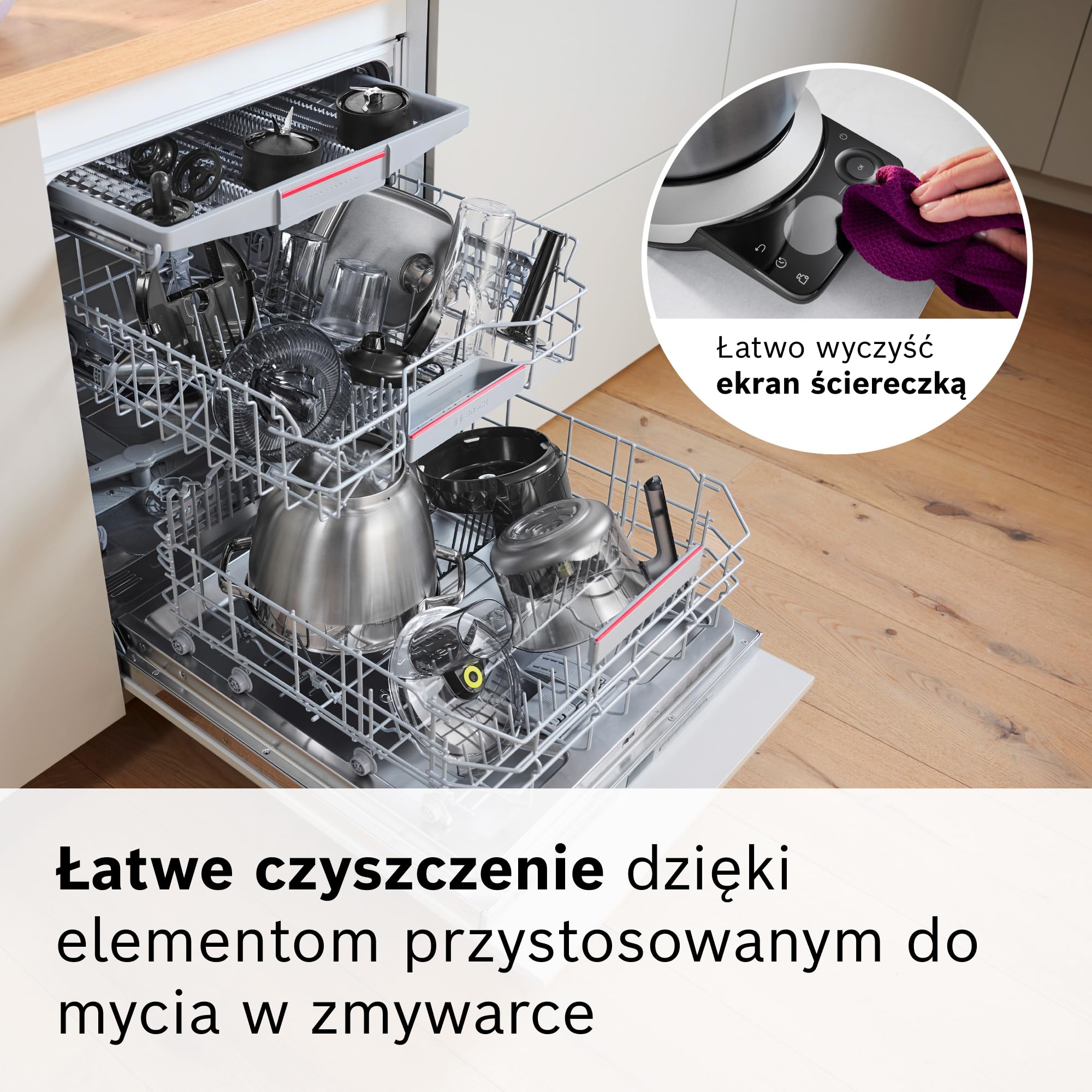 Bosch, robot kuchenny Serie 8, z wagą, silnik 1800 W chłodzony powietrzem, system mieszania planetarnego 3D, zestaw cukierniczya, misa 6,0 l, czarno-srebrna, metalowa obudowa, MUMS8ZS00