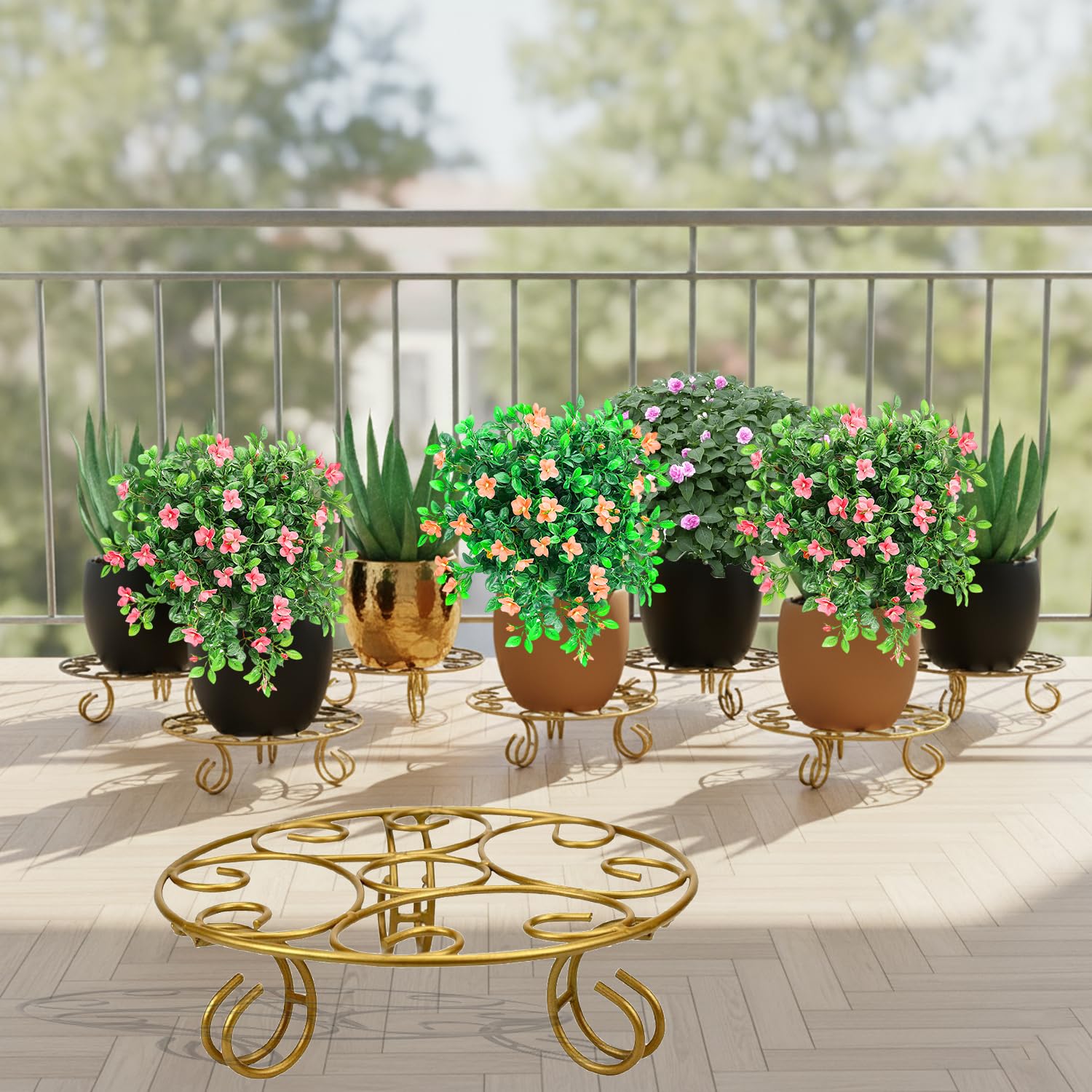ORILEY Round Metal Flower Pot Stand Heavy-Duty Elegant and Functional Floor-Mounted Plant Holder Rust Free for Home Office Indoor & Outdoor Use (Pack of 8, Gold)
