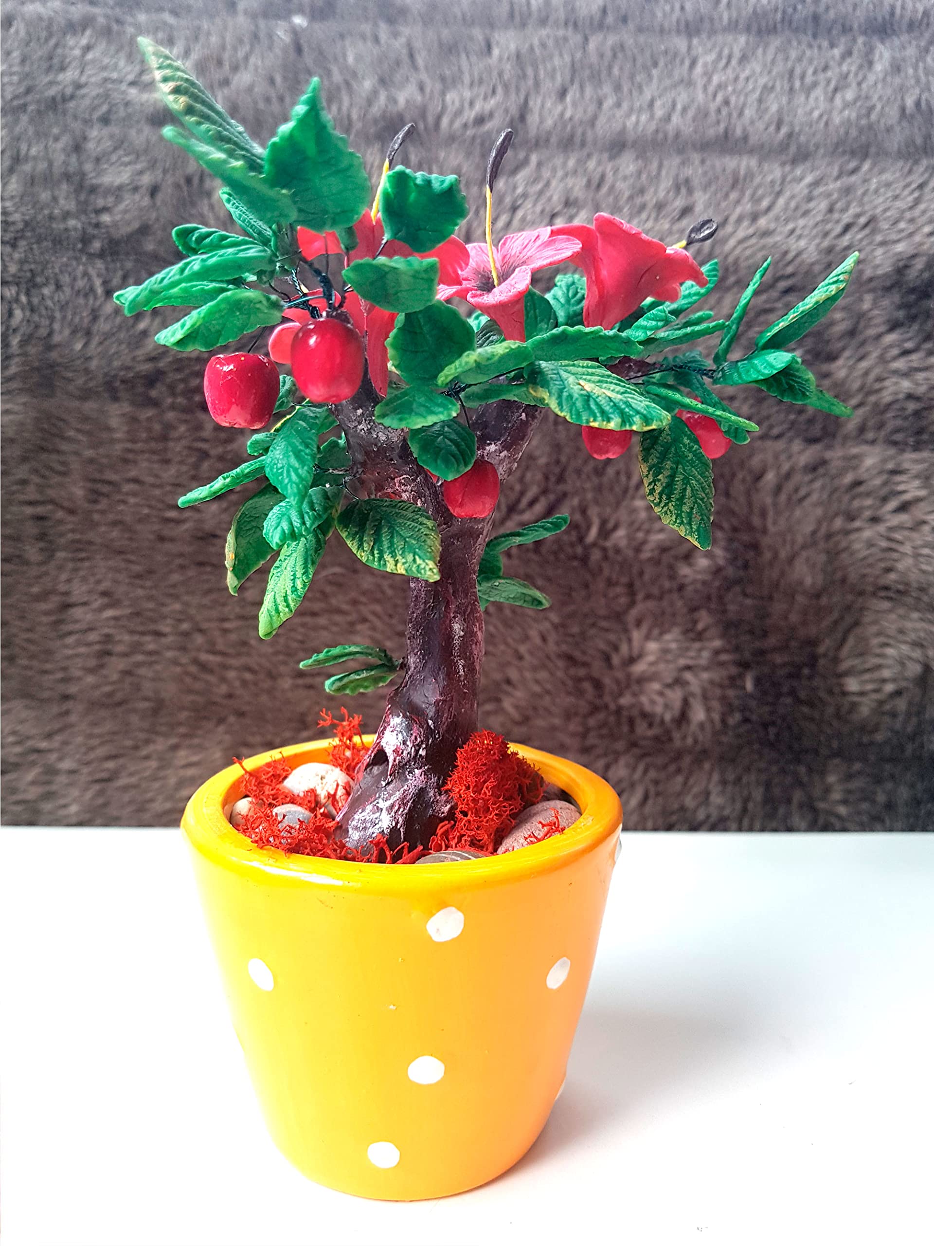 Bonsai de Porcelana Rusa Miniatura Arbol artificial Hibiscus y manzanas regalo y decoración hecho a mano