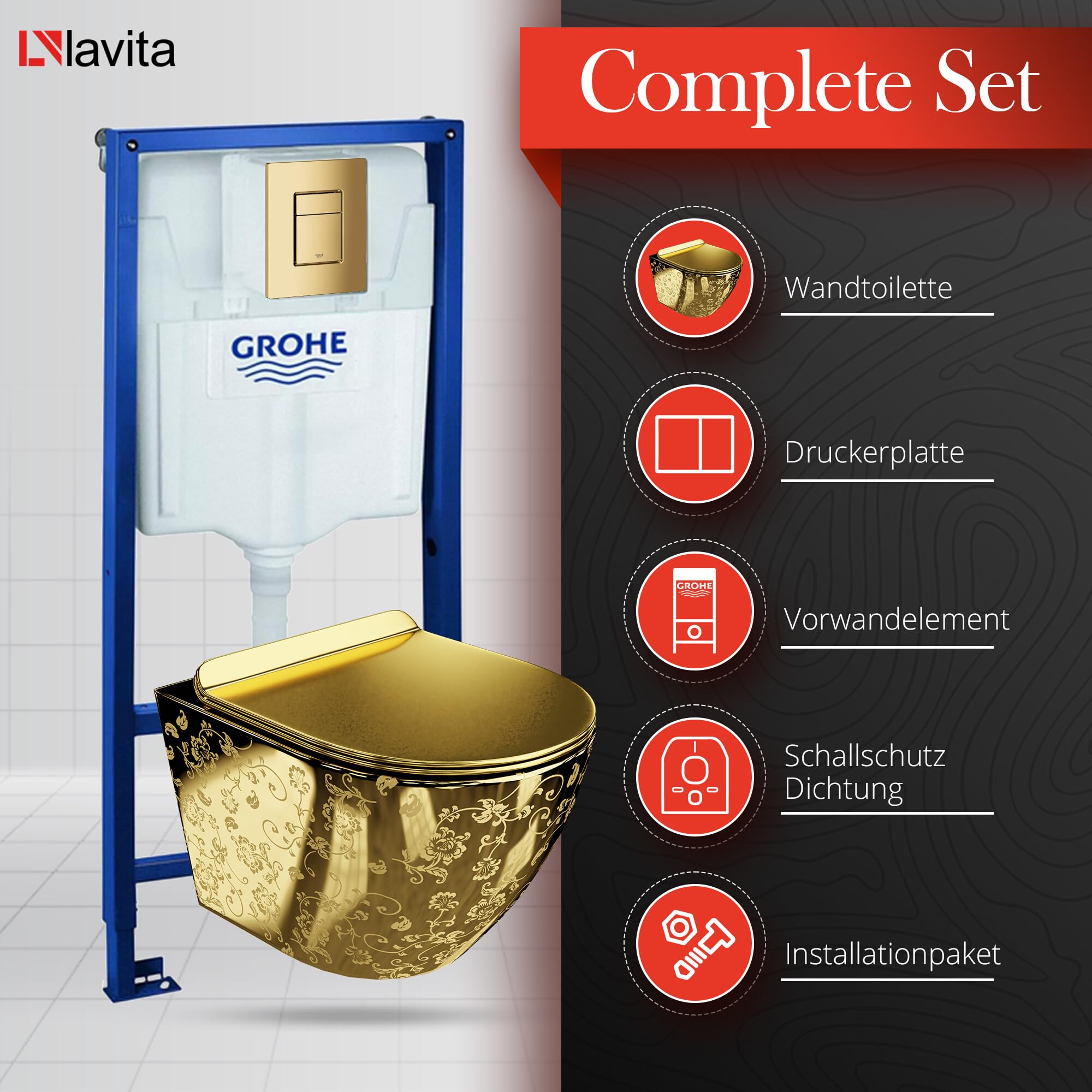 LAVITA Élément Mural Solido + WC Suspendu Sofi Slim Golden Eye Doré Sans Bord + Abattant SoftClose Bouton Doré - Kit Complet Encastré