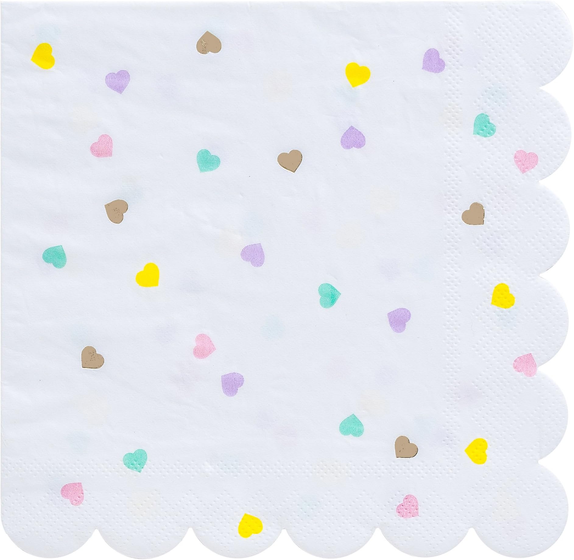 Hearts Large Foiled Scalloped Party Paper Napkins Gold and Pastel Colors - Pack of 16