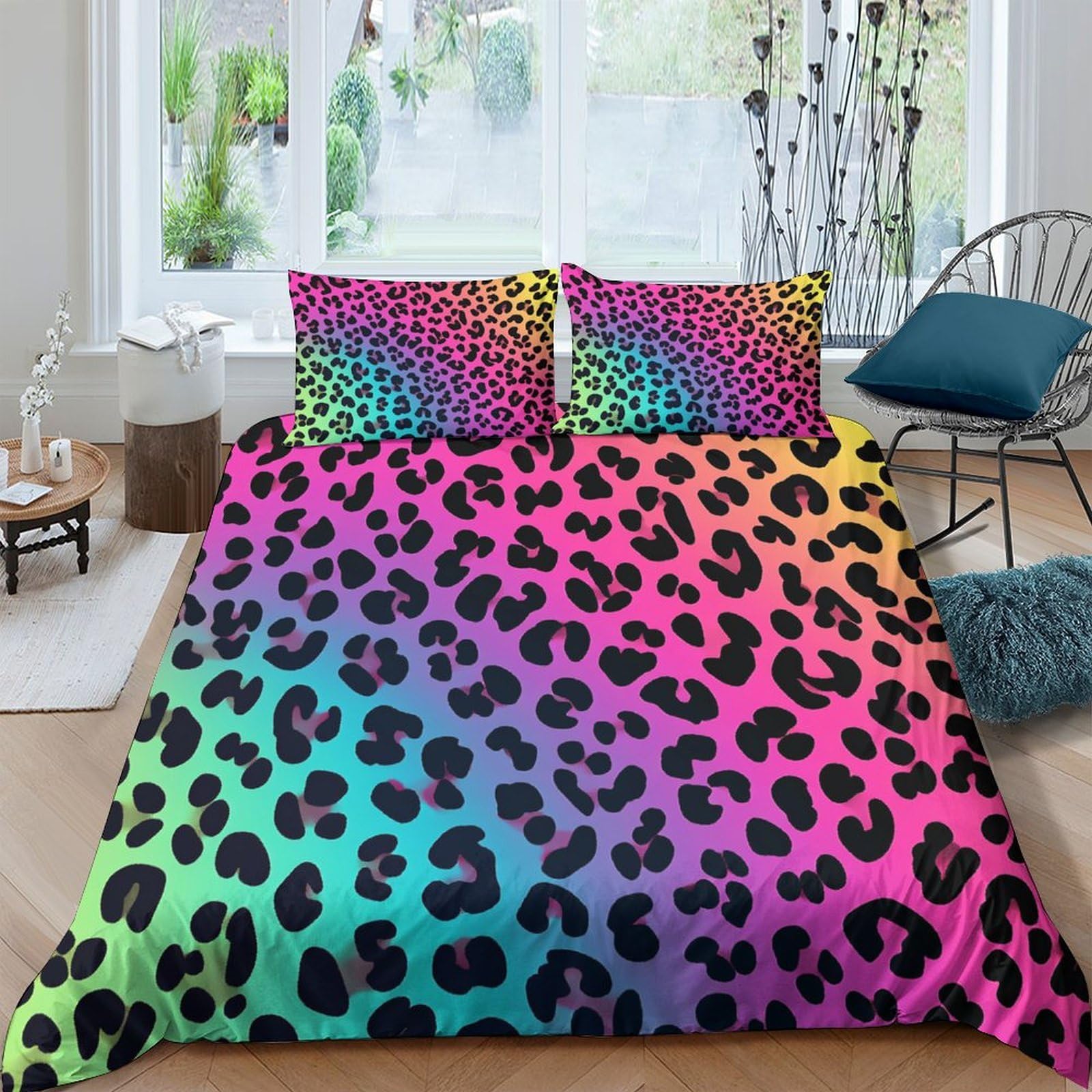 GPLZQXKJNH 3D Printed Rainbow Leopard Duvet Cover Microfiber Soft Breathable Gradient Animal Print Bedding Set with 2 Pillowcases for Bedroom Decor Single（135x200cm）