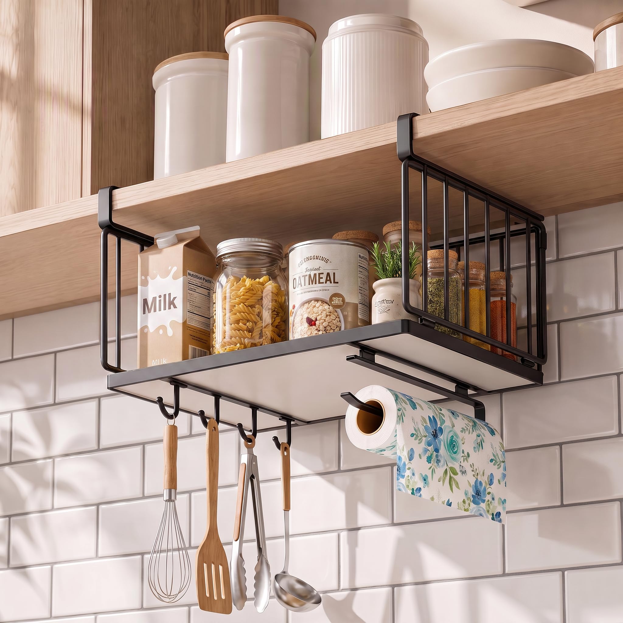 Under Shelf Storage Basket with Multiple Hooks and Paper Towel Holders