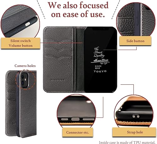 Miniatura 2 de hanatora  Funda con tapa para iPhone 13 Mini con tarjetero de piel auténtica, funda de calidad elegante, sin imanes, para mujeres y hombres, gris