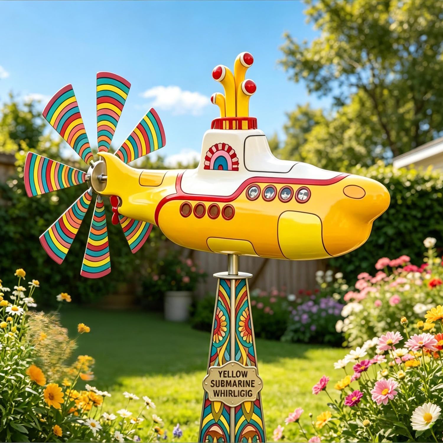Yellow Submarine Wind Spinner for Garden, Retro Biplane Kinetic Wind Spinner, Metal Rotating Yard Art, 2D Kinetic Windmill Outdoor Garden Decor for Patio Lawn Flower Bed