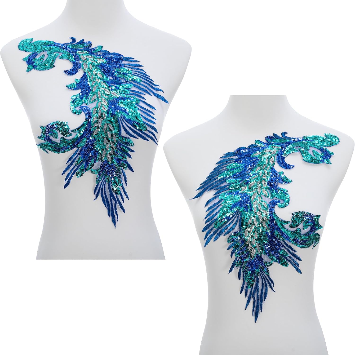 Silvora Pair Embroidery Phoenix Costume Sequin Appliques Patches, Peacock Feather Tail Applique Embellishments for Dance Dresses,Clothes,T-Shirt，Neckline Bodice Pants (Blue)