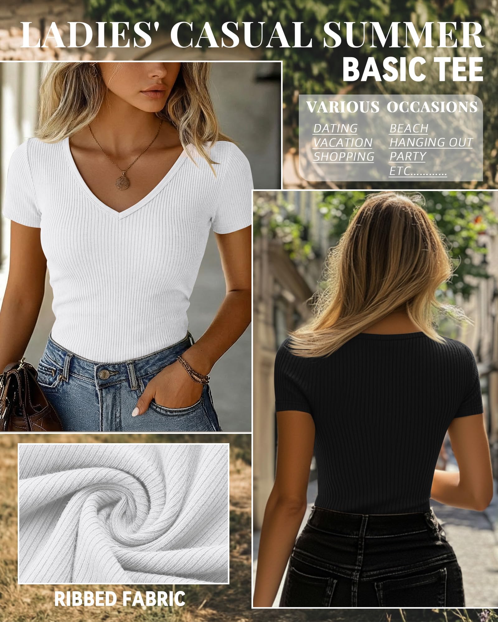 Ficerd 3 T-Shirts Femme Coton côtelé col V | T-shirts Basiques À Manches Courtes, Tenues Business Casual, Hauts CintréS Pour Le Bureau, Les Sorties Et L'été
