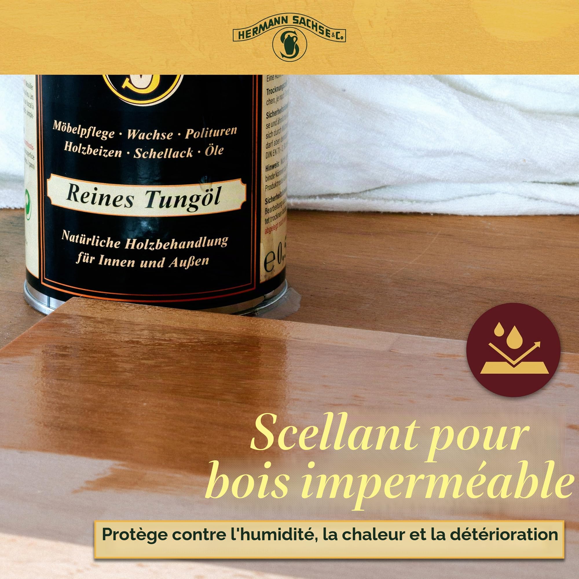 Huile de tung pure 0,5 l - Huile pour bois 100 % naturelle pour intérieur et extérieur - Surface très résistante et imperméable - Couverture : environ 4 à 8 m²