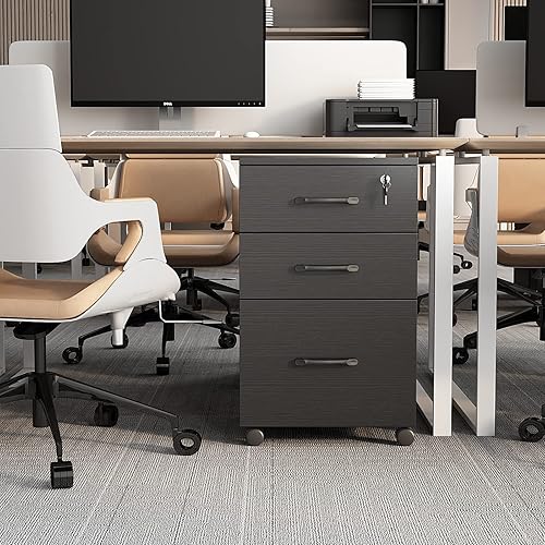 Miniatura 6 de YQ JENMW Archivador con 3 cajones con 1 cerradura, archivador móvil rodante de madera, archivador debajo del escritorio con ruedas, archivador