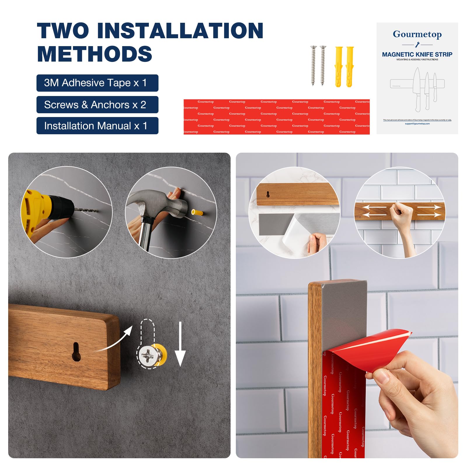 Gourmetop Porta coltelli magnetico da parete, Striscia magnetica per coltelli senza foratura 41,5 cm, Porta coltelli magnetico da cucina per frigorifero, Portacoltelli magnetico in legno per