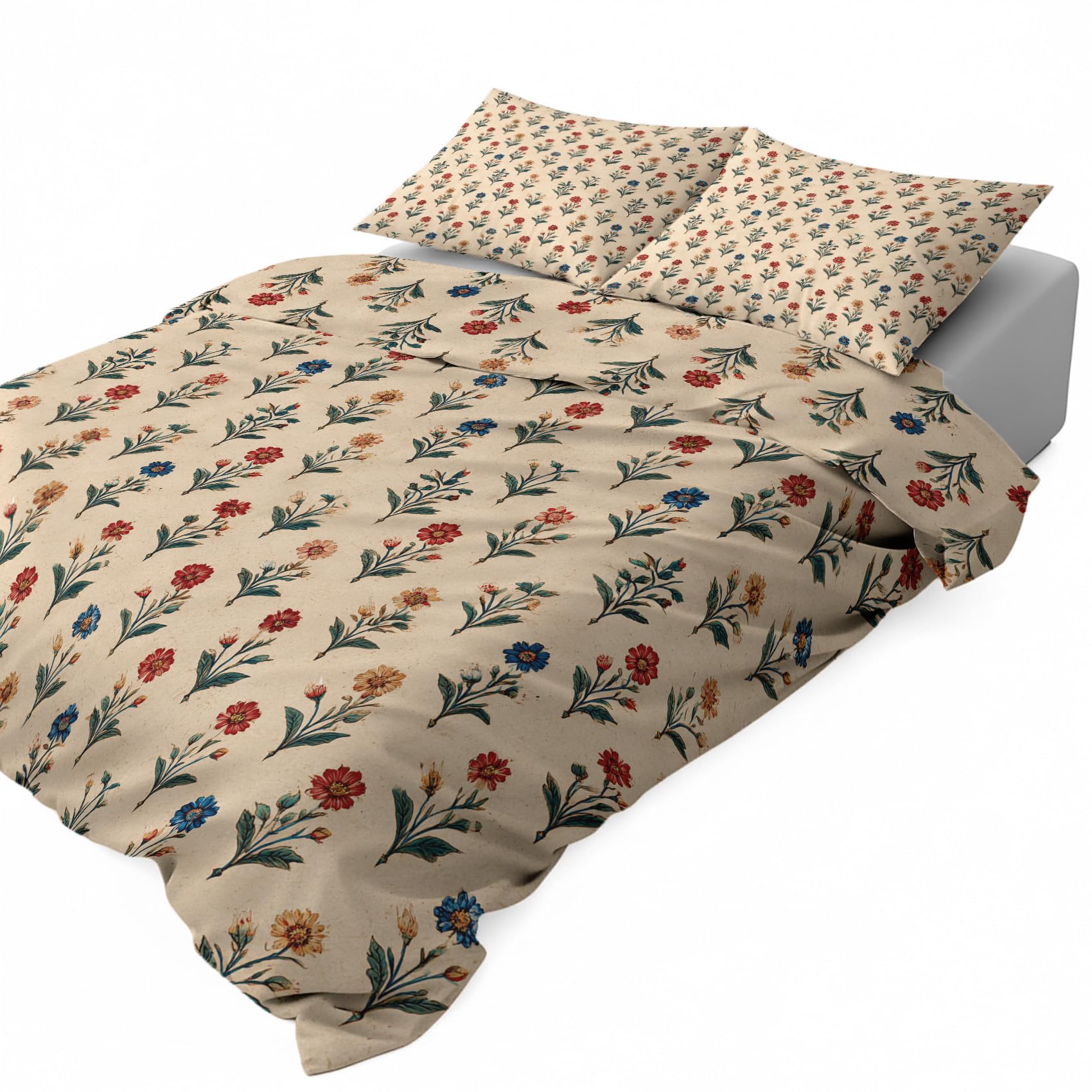 Housse de couette 200x200 fleurs vintage avec 2 taies d'oreiller en microfibre