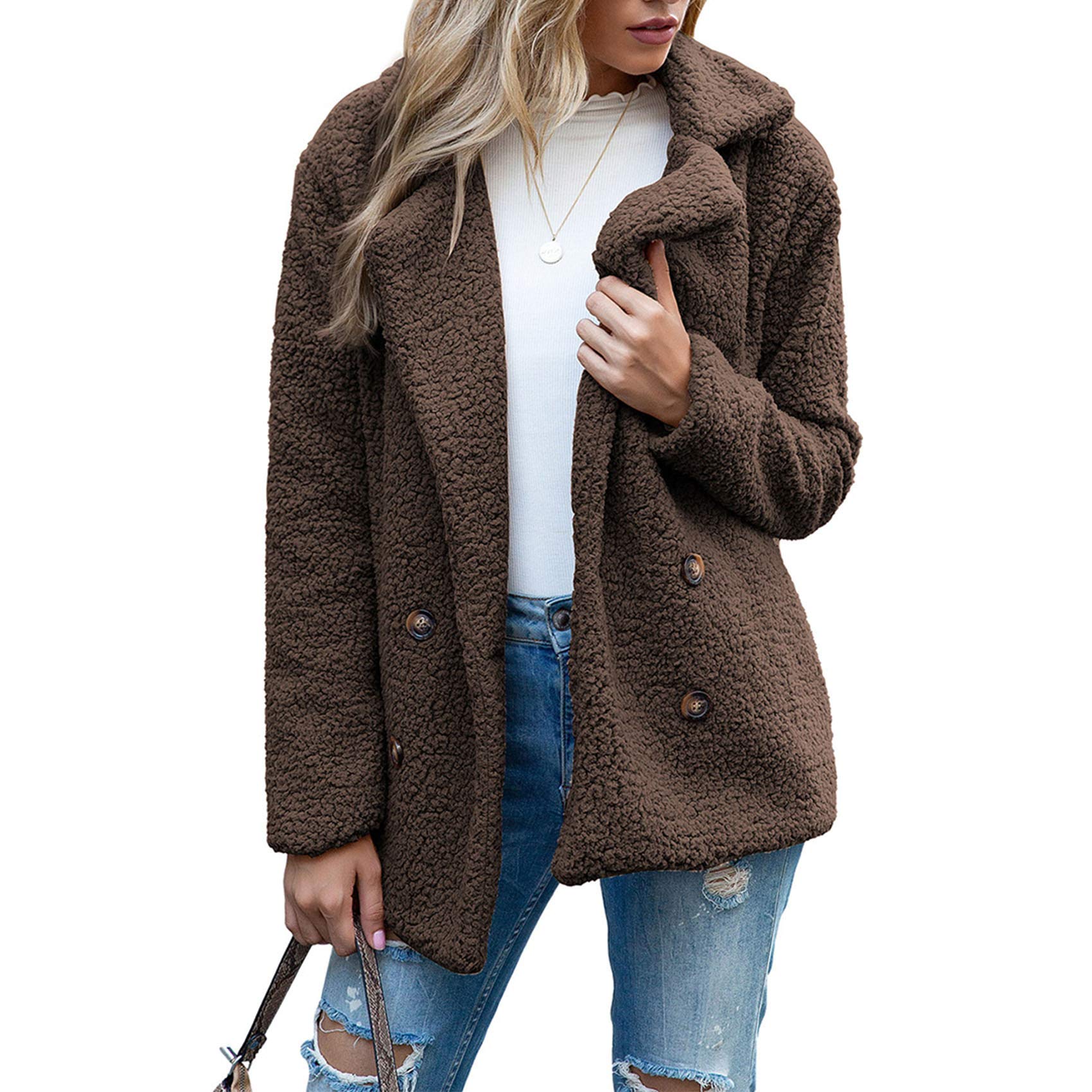 Boutons d'automne Et d'hiver, Revers, Cardigan en Molleton Ample, Manteau De Laine GâTeau De Mouton Femmes, Vestes, Hauts