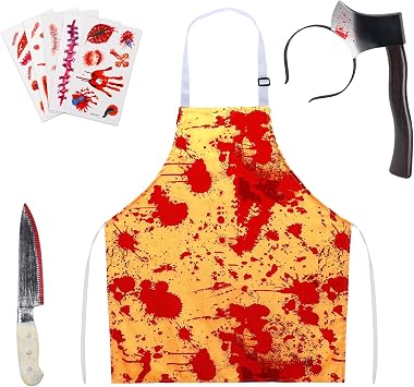 Halloween Bloody Butcher Costumes Set- Waterproof Bloody Apron with Axe Headband Butcher Knife Temporary Tattoos, Terrifying Role Play for Men Costume Party Carnival Prop Accessories Yellow