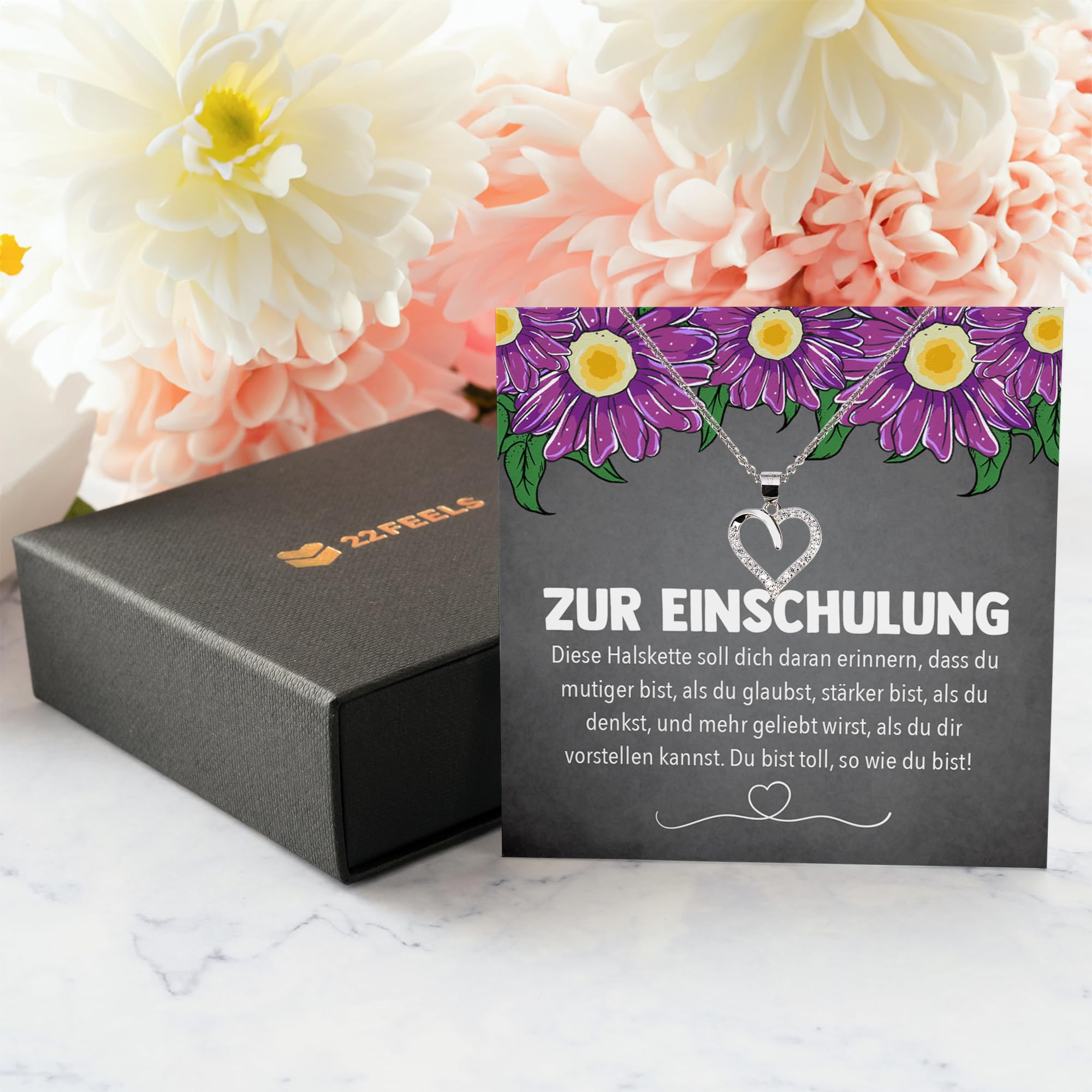 Einschulung Geschenk Mädchen Schmuck zum Schulanfang, 1. Klasse Glückwunsch Erstklässler, Idee für Patenkind Tochter Enkelin von Oma Opa Mama Papa - Echt Silber 925 Herz Halskette mit Karte