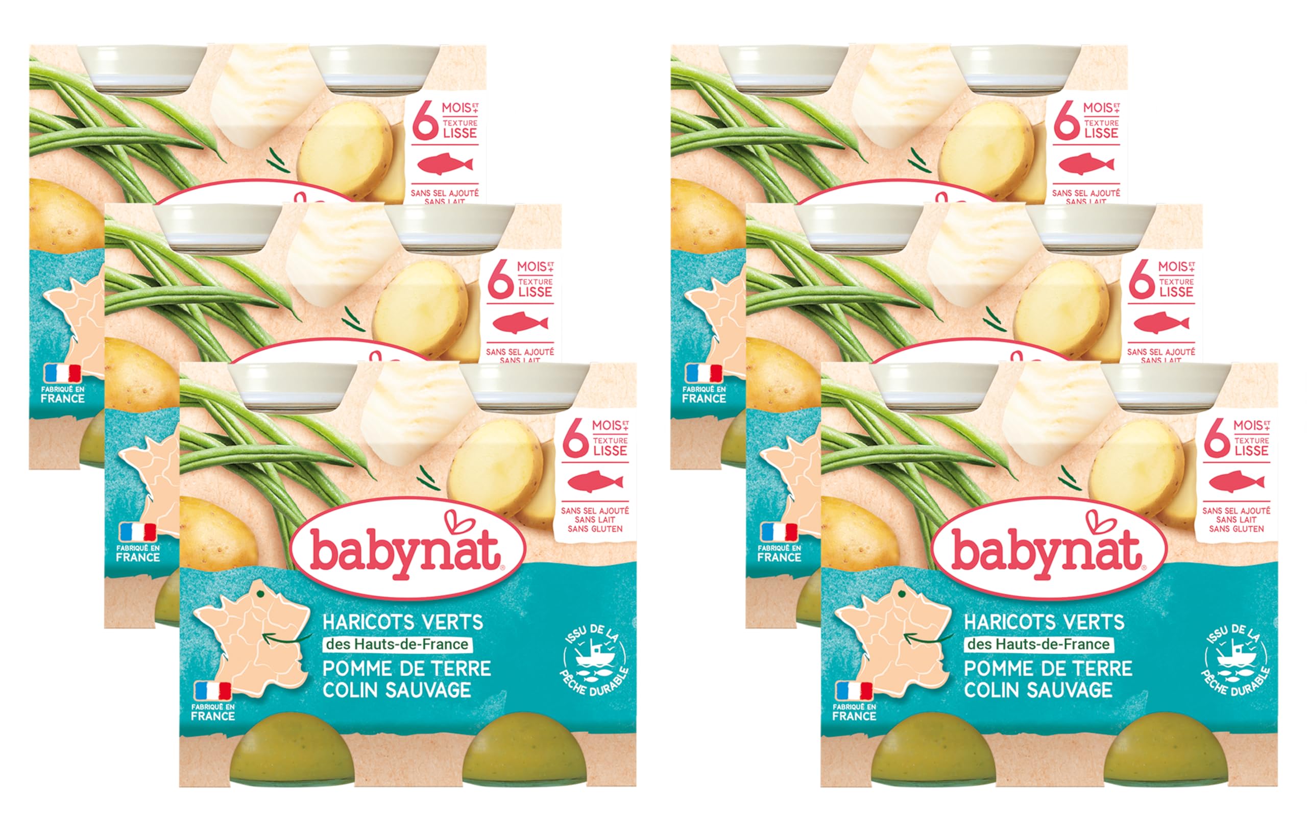 Babybio - Petits Pots Pomme de Terre Haricots Verts de Vendée Colin 2x200g - 6+ Mois - BIO - Lot de 6