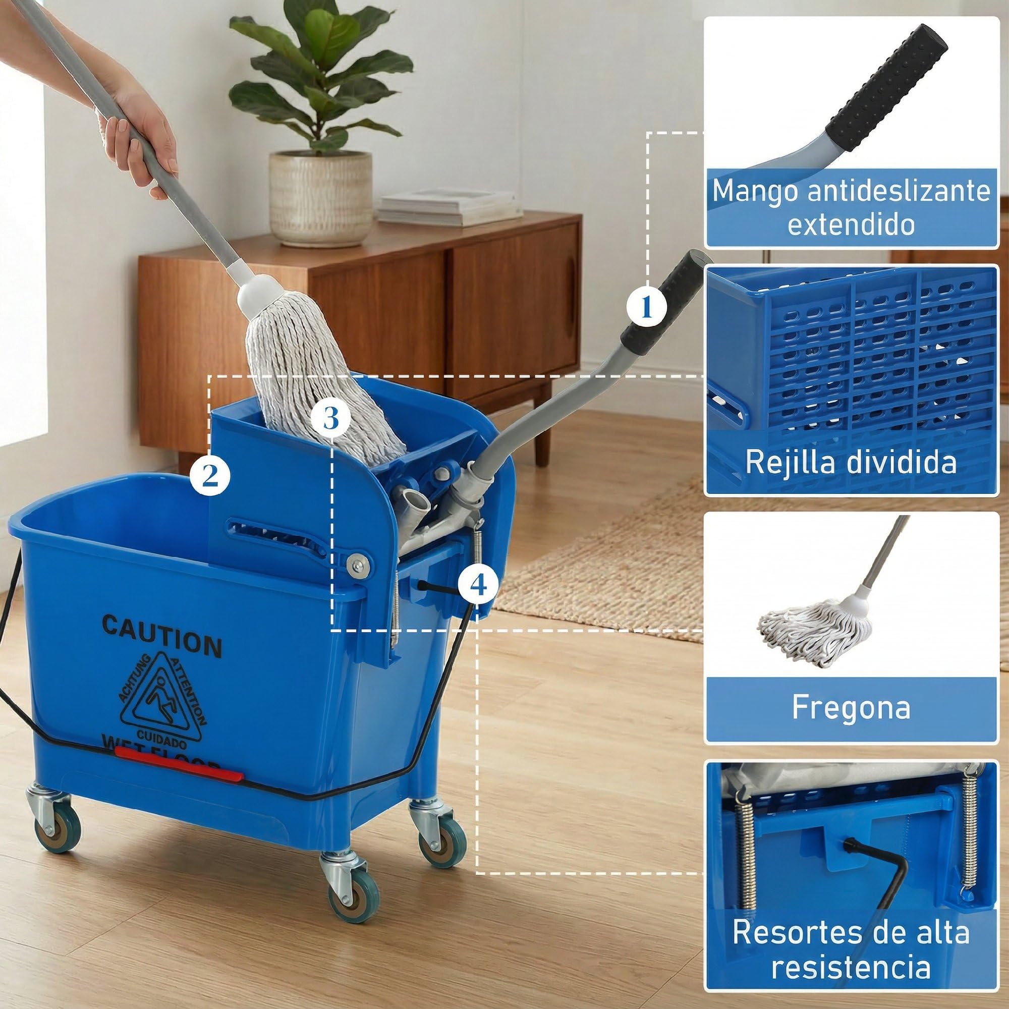 HOMCOM Cubo de Fregona con Ruedas Capacidad de 20 L Cubo de Fregar con Sistema de Escurridor Mopa y Asa de Transporte para Doméstico y Comercial Azul