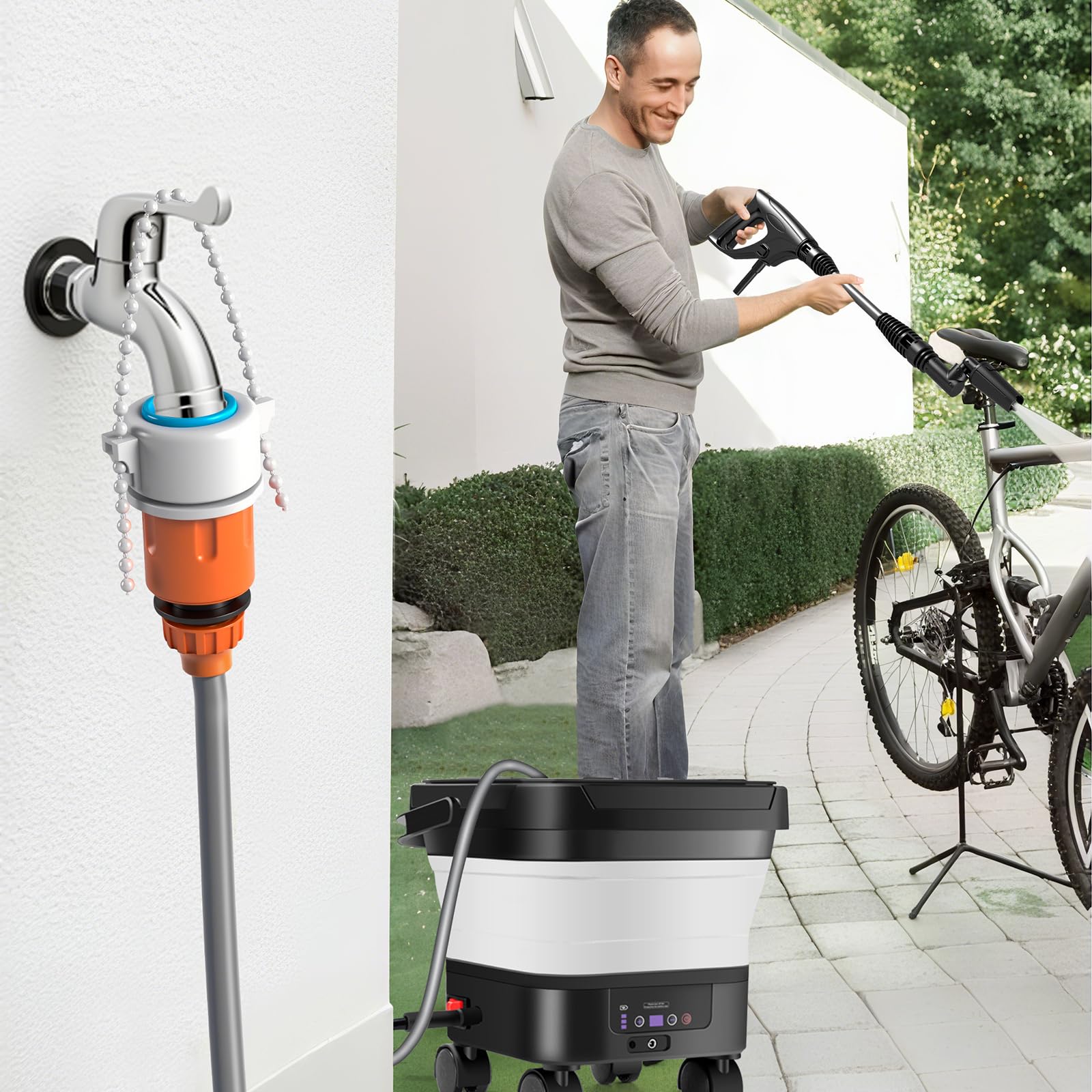 Limpiador a Presión Inalámbrico con Ruedas, Depósito 13L, 4000 mAh | 380W, 36 bar, Limpiador Portátil, 7 Velocidades, 2 Boquillas, Manguera 7 m, 5 m, Jarra de Espuma