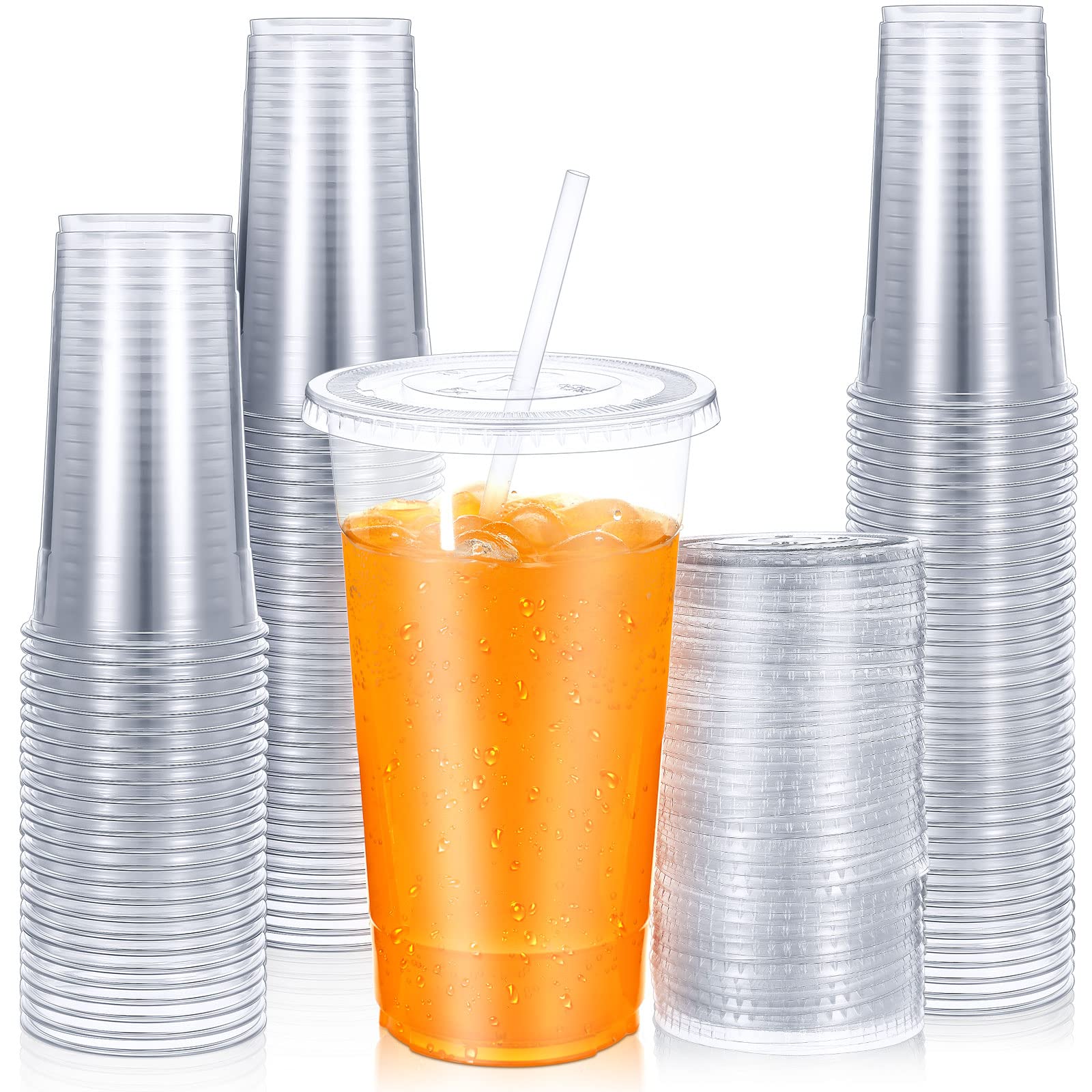 100 Sets Disposable Clear Plastic Cups with Flat Lids and Straws Crystal Pet Cups Large Cold Party Plastic