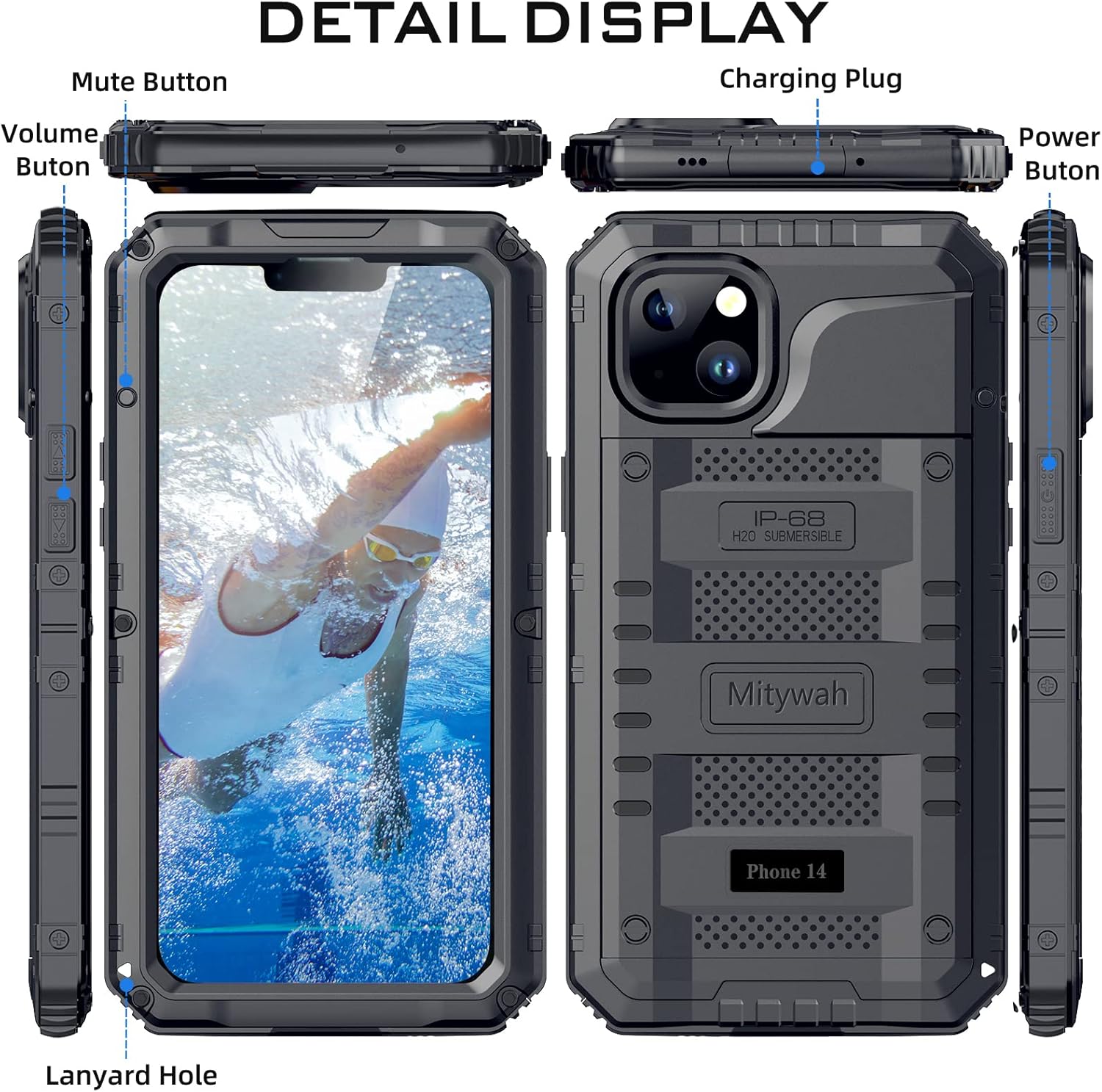 Mitywah Waterproof Case for iPhone 14, Heavy Duty Shockproof Case with Built-in Screen Protector, Full Body Underwater Protective Metal Case 6.1 inch, Black - Image 7