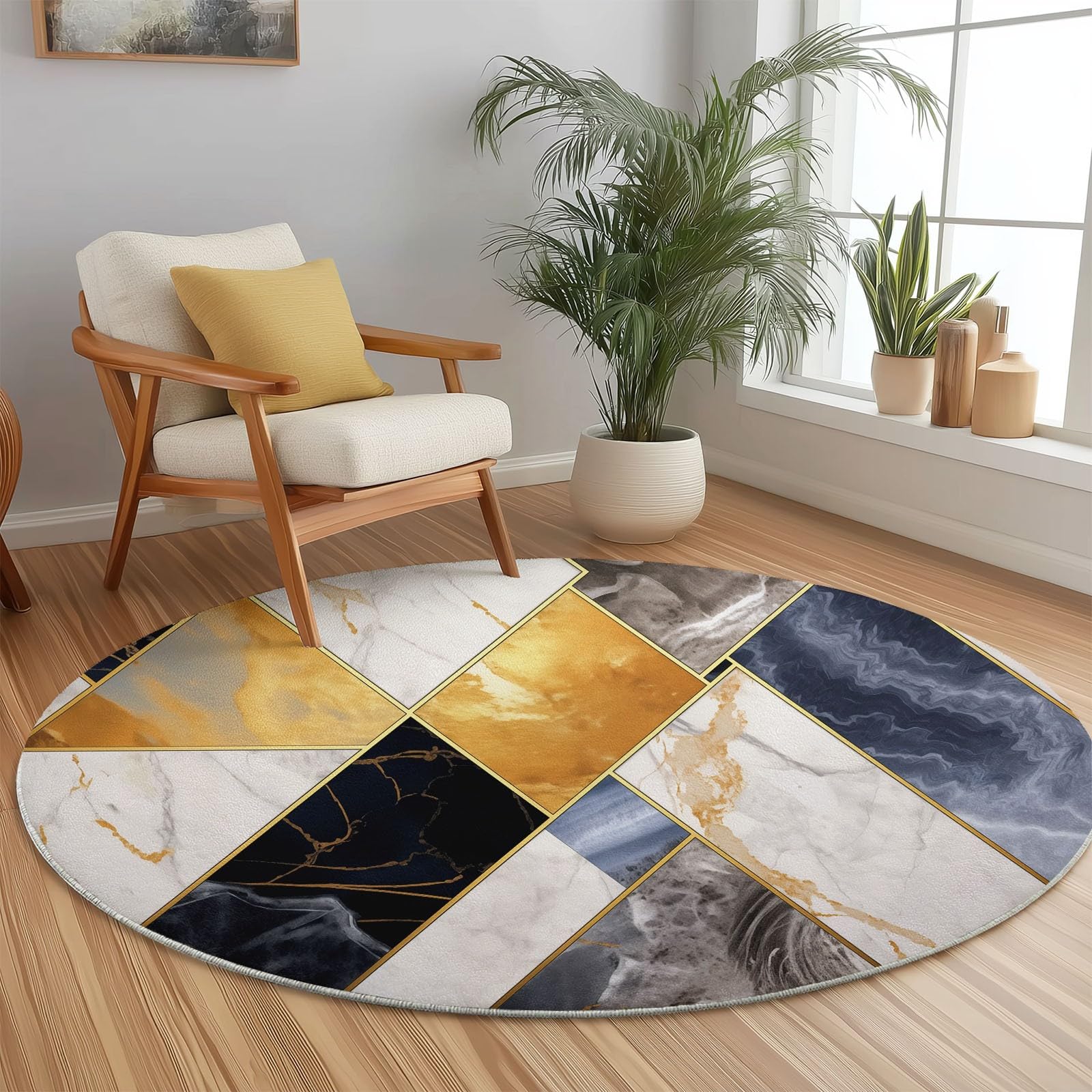 Okrągły dywan do salonu, abstrakcyjny nadruk mata podłogowa dekoracja antypoślizgowa do sypialni salonu kuchnia balkon taras jadalnia wnętrze, 160 cm biały marmur geometryczny wzór