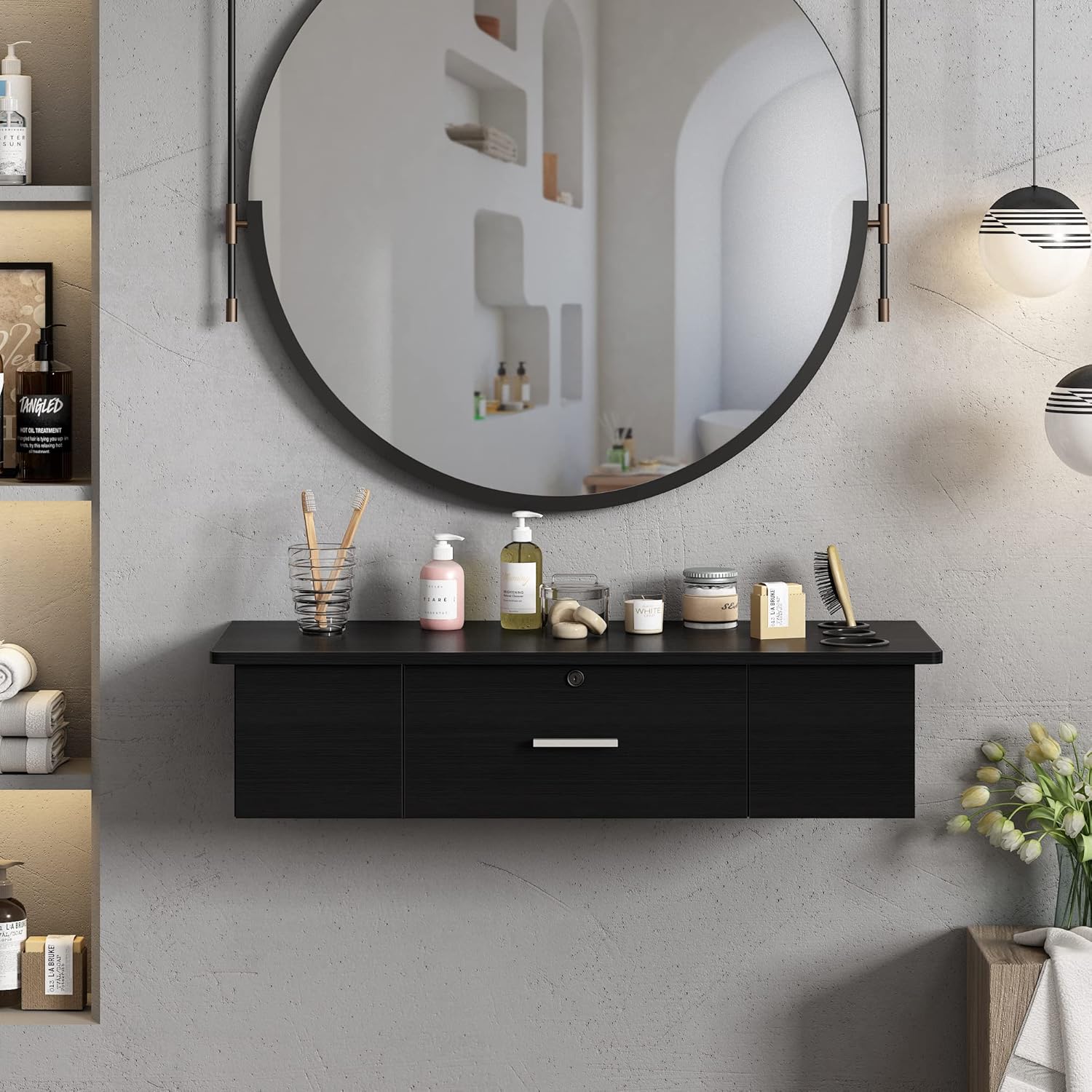 RESHABLE Wall Mount Salon Stations for Hair Stylist,Barber Hair Stations for Salon Beauty Spa Equipments,Black