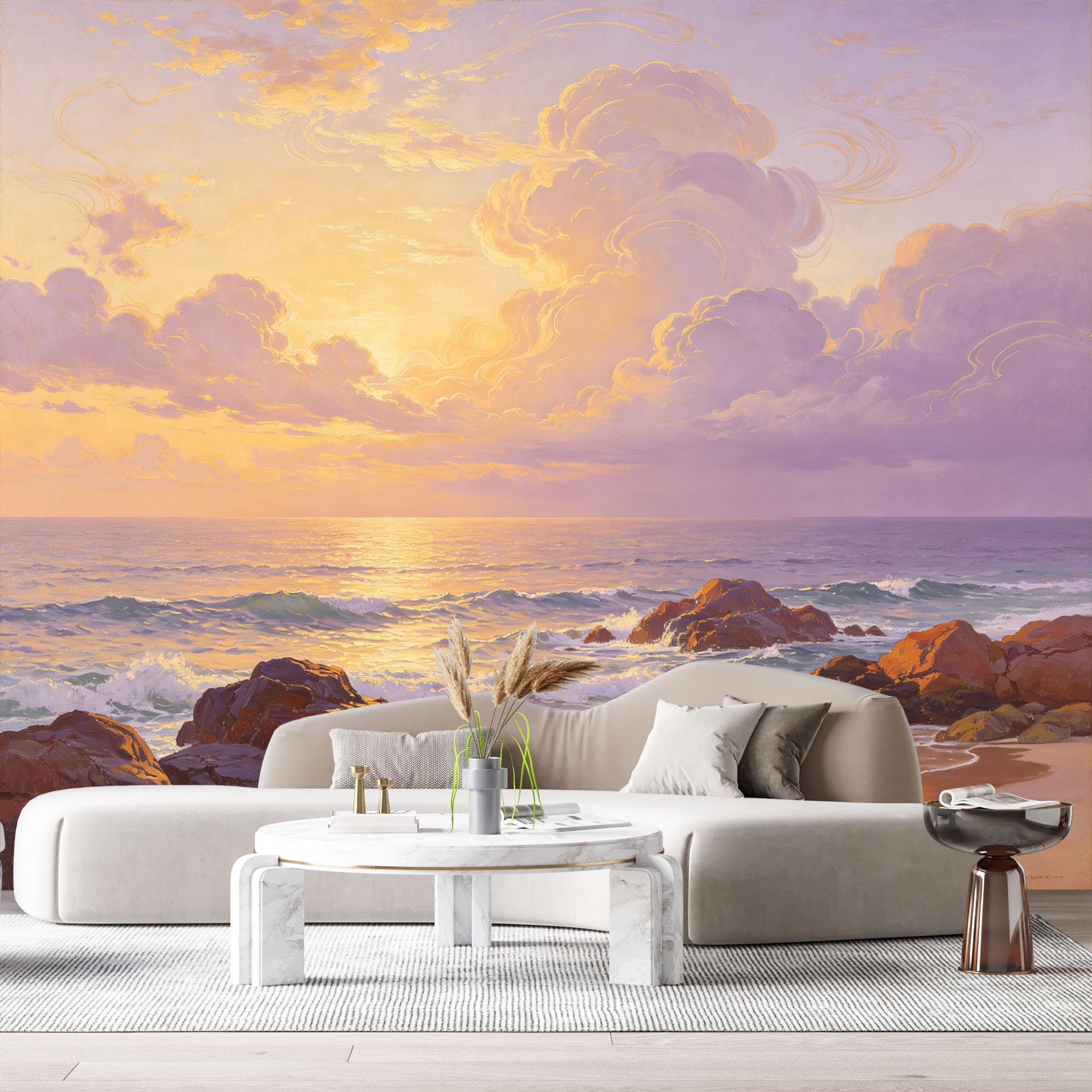 Custom Size Wall Murals Coastal Ocean Marine Sunset Clouds Rock Shore Oil Painting SelfAdhesive Wall Fabric Removable Large Wallpaper for Photo Living Room