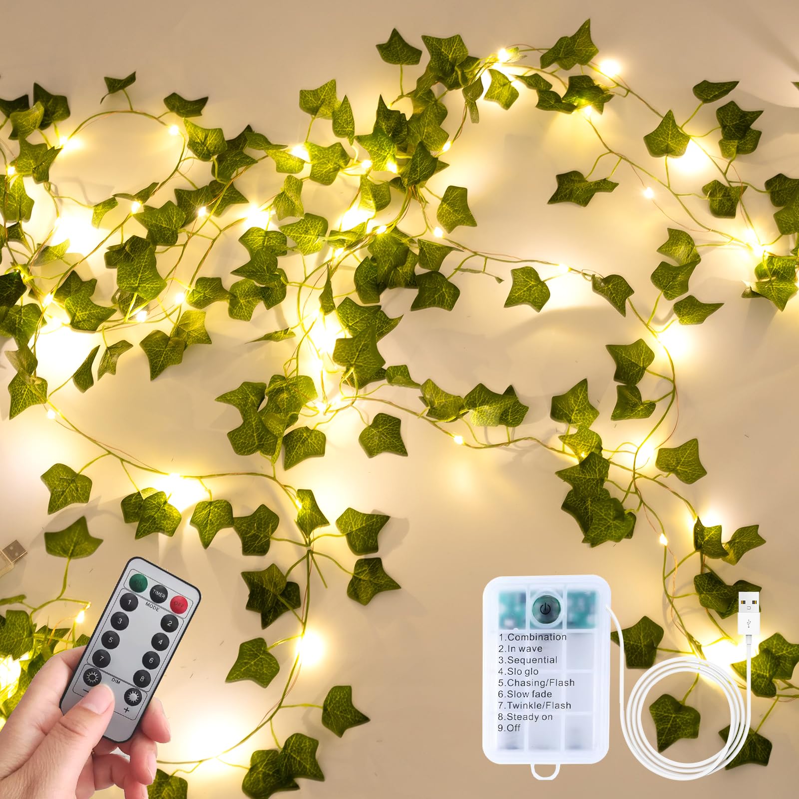 Photo 1 of *** NO REMOTE CONTROL *** Alabeila Nest Fake Plants Vines,33ft 100 LED Artificial Ivy Garland with Fairy Lights,for Home Living Room Bedroom wall Art Aesthetic Office Coffee Wedding Party Farmhouse Dorm Outdoor Garden Decor