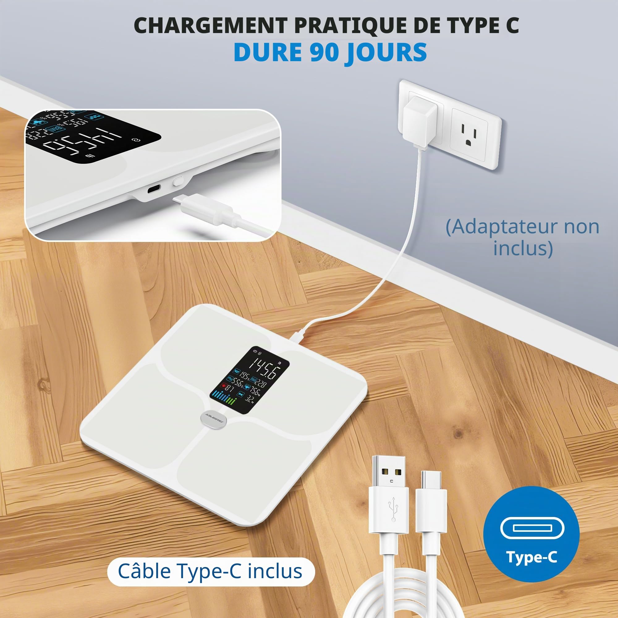Tablegrid Pèsepersonne numérique intelligent pour poids corporel, grand écran LCD, 16 mesures de composition corporelle, IMC, poids d'eau, fréquence cardiaque, mode bébé, 181,4 kg, rechargeable