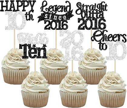 Gyufise 24Pcs Happy 10th Birthday Cupcake Toppers Hello Ten Legend Since 2016 Cupcake Picks Cheers to 10 Years Cake Decorations for 10th Birthday Anniversary Party Supplies Black Silver