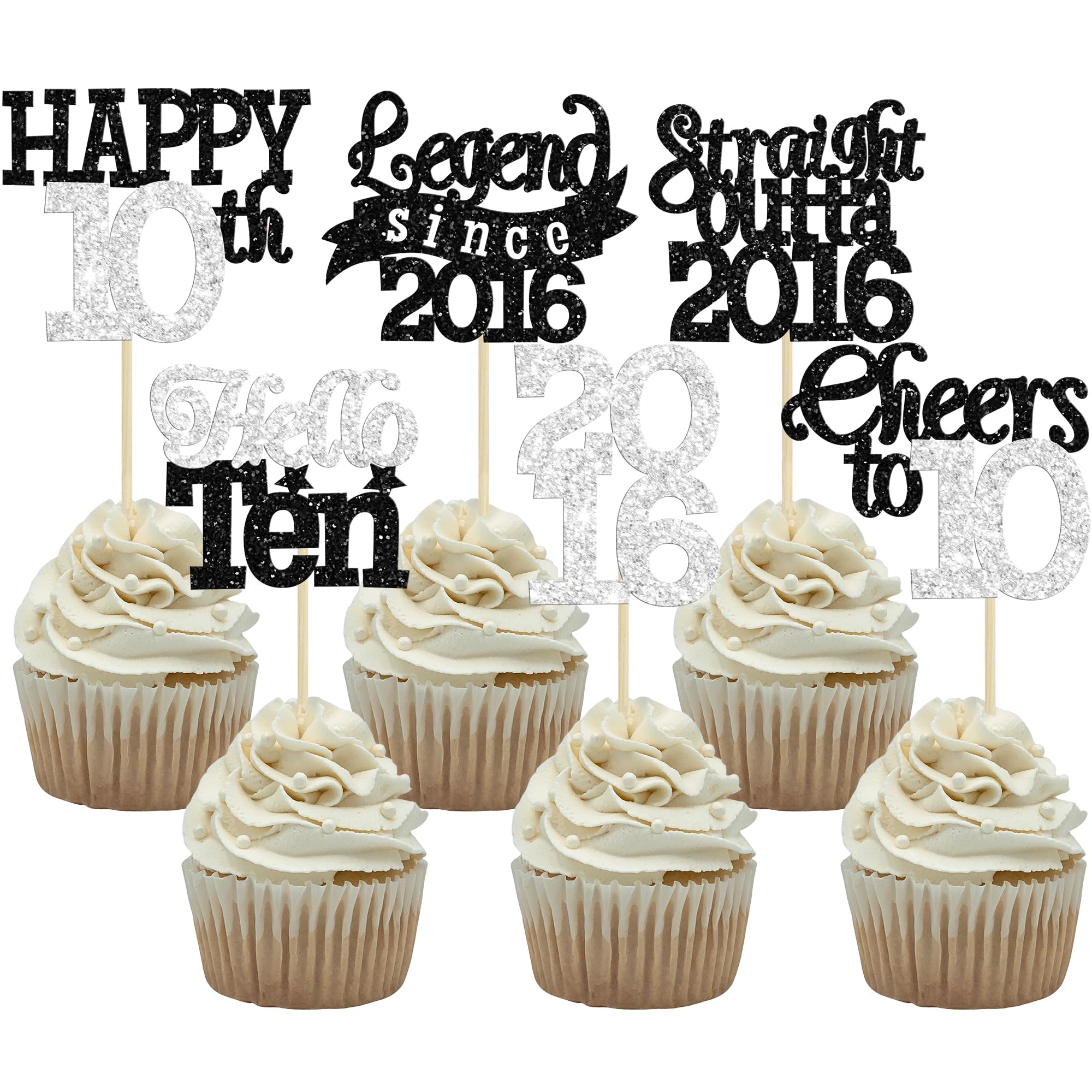 Gyufise 24Pcs Happy 10th Birthday Cupcake Toppers Hello Ten Legend Since 2016 Cupcake Picks Cheers to 10 Years Cake Decorations for 10th Birthday Anniversary Party Supplies Black Silver