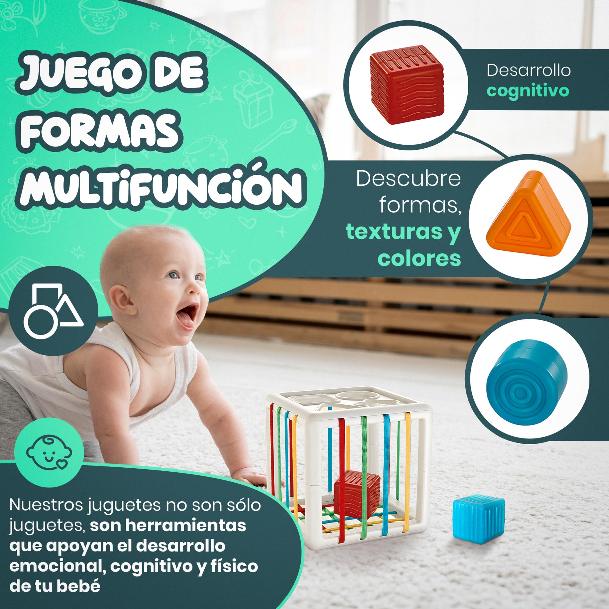 Set Montessori Bebé 6 en 1 – Juguetes Sensoriales y Educativos: Bloques Suaves, Apilables, Caja de Pañuelos y Formas | 34 Piezas | Regalo 6-36 Meses Niño-Niña