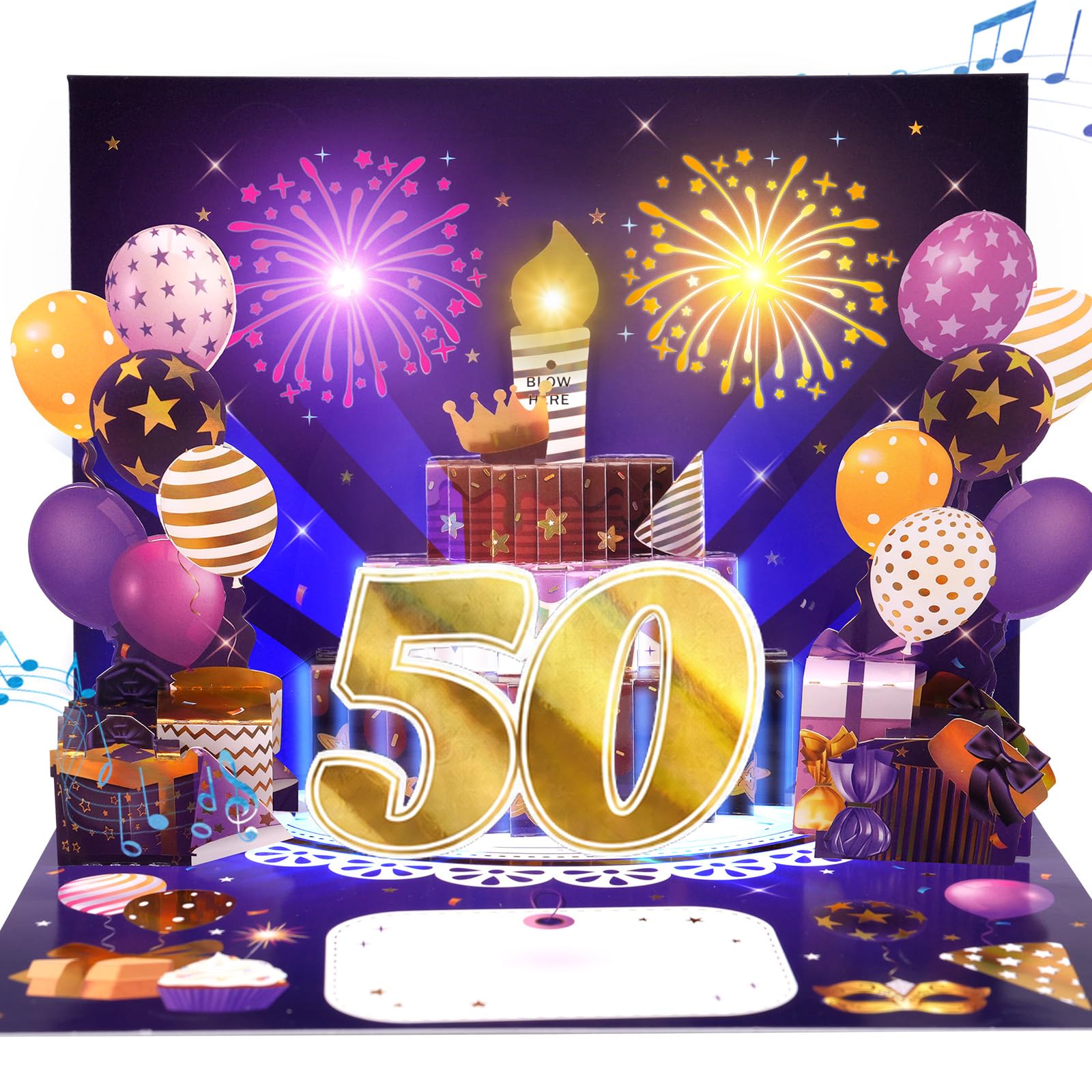 50th Musical Birthday Card, 3D Light-up Birthday Card for 50th Women, Men | Pop Up Cake Happy Birthday Card w Firework Lights & Blowable Candle for 50 year-old Mum, Dad, Wife, Husband, Sister