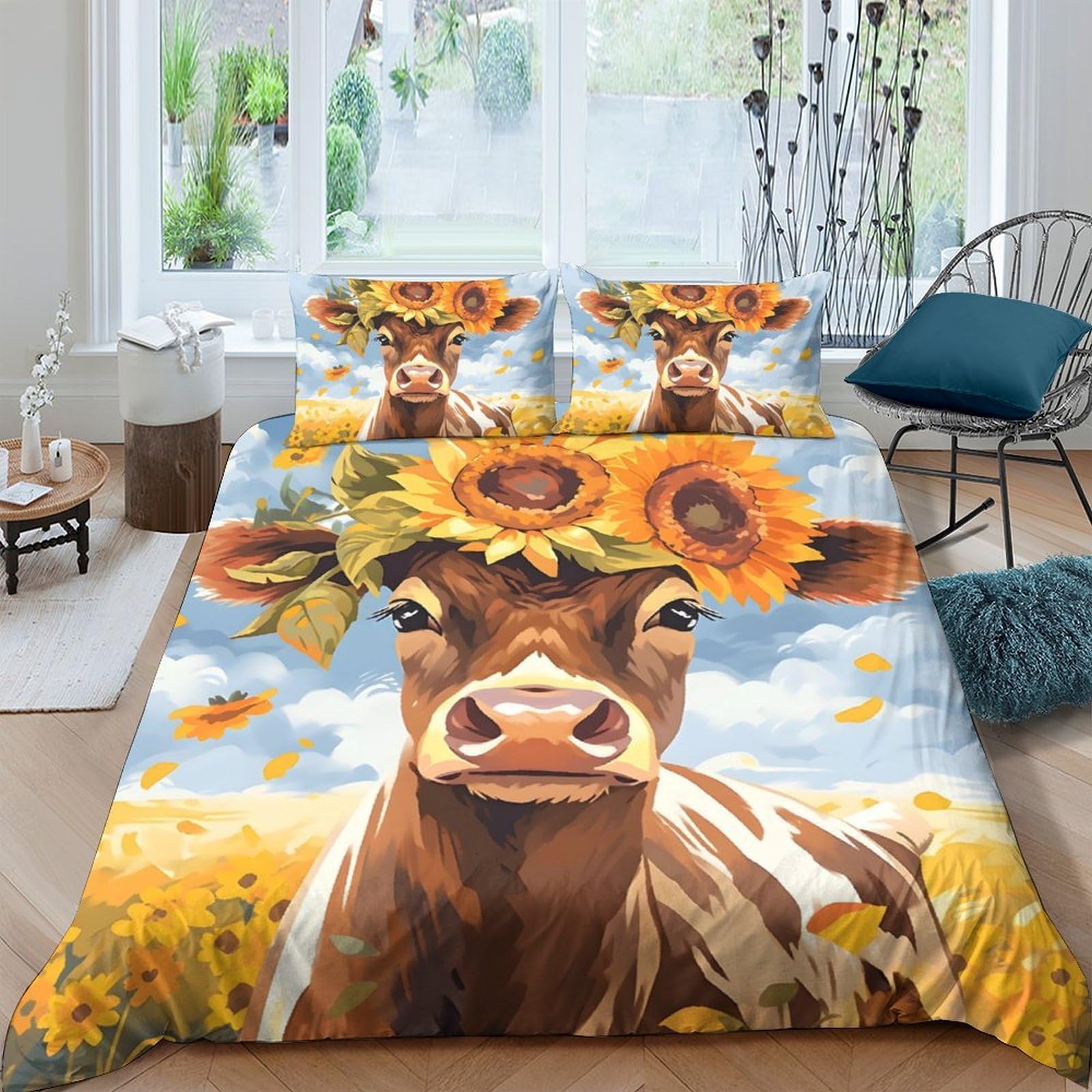 Ctjqhvkz Style-4 3D Printed Sunflower Cow Fitted Sheet Microfiber Soft Slip-Resistant Mattress Cover For Bedroom Guest Room Decor Single（135X200cm）