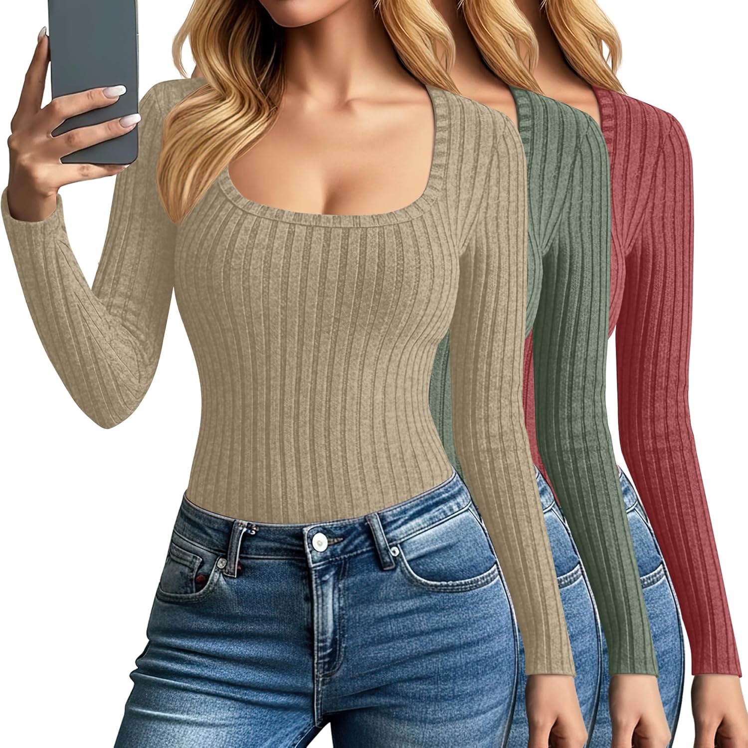 3 Pack Women's Long Sleeve Tops, Scoop Neck Ribbed Knit Shirt Slim Fit Pullover Swe...