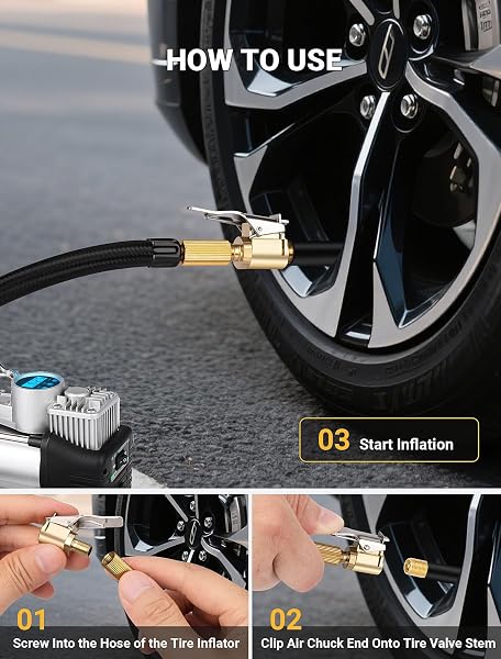 2 Pack Heavy Duty Brass Tire Air Chucks, 8mm Locking Inflator Adapter with Leak-Proof Seal for Car and Truck Tires, Durable Metal Tire Valve Connector - 5