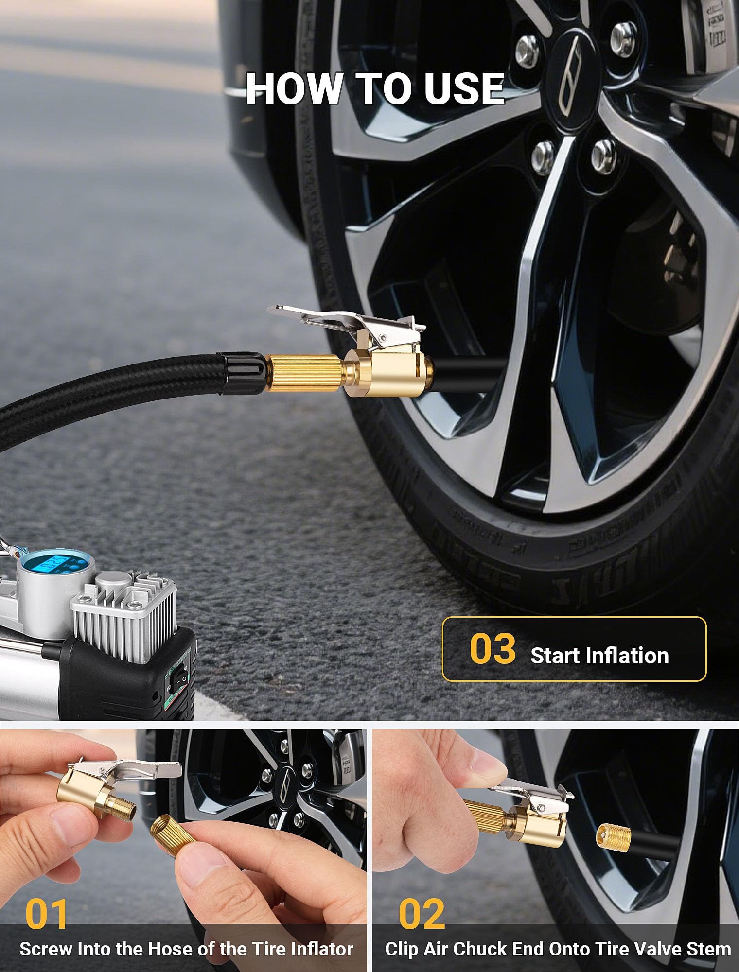 2 Pack Heavy Duty Brass Tire Air Chucks, 8mm Locking Inflator Adapter with Leak-Proof Seal for Car and Truck Tires, Durable Metal Tire Valve Connector — view 5